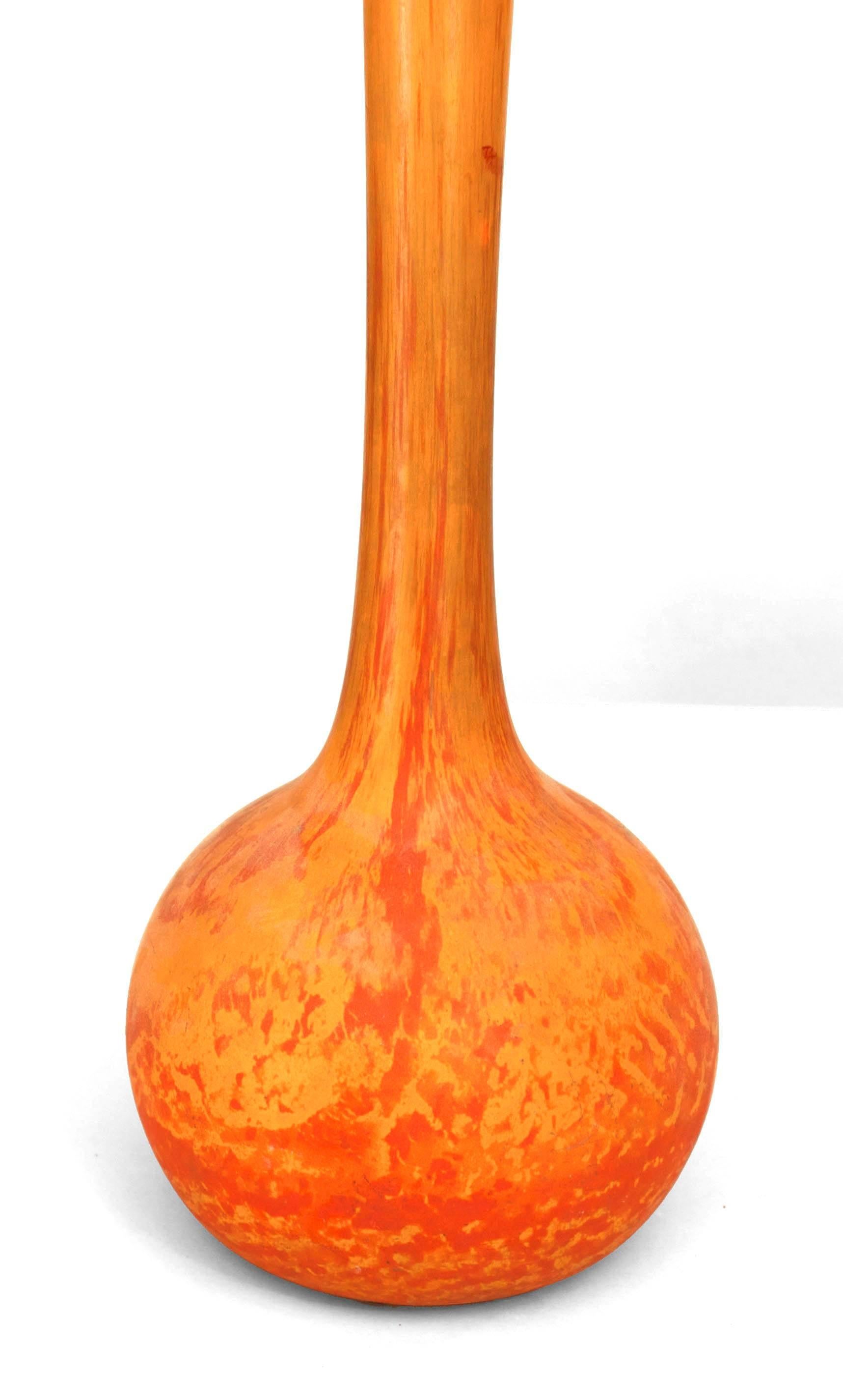 French Art Nouveau orange glass vase with tall slender neck (Nancy).
