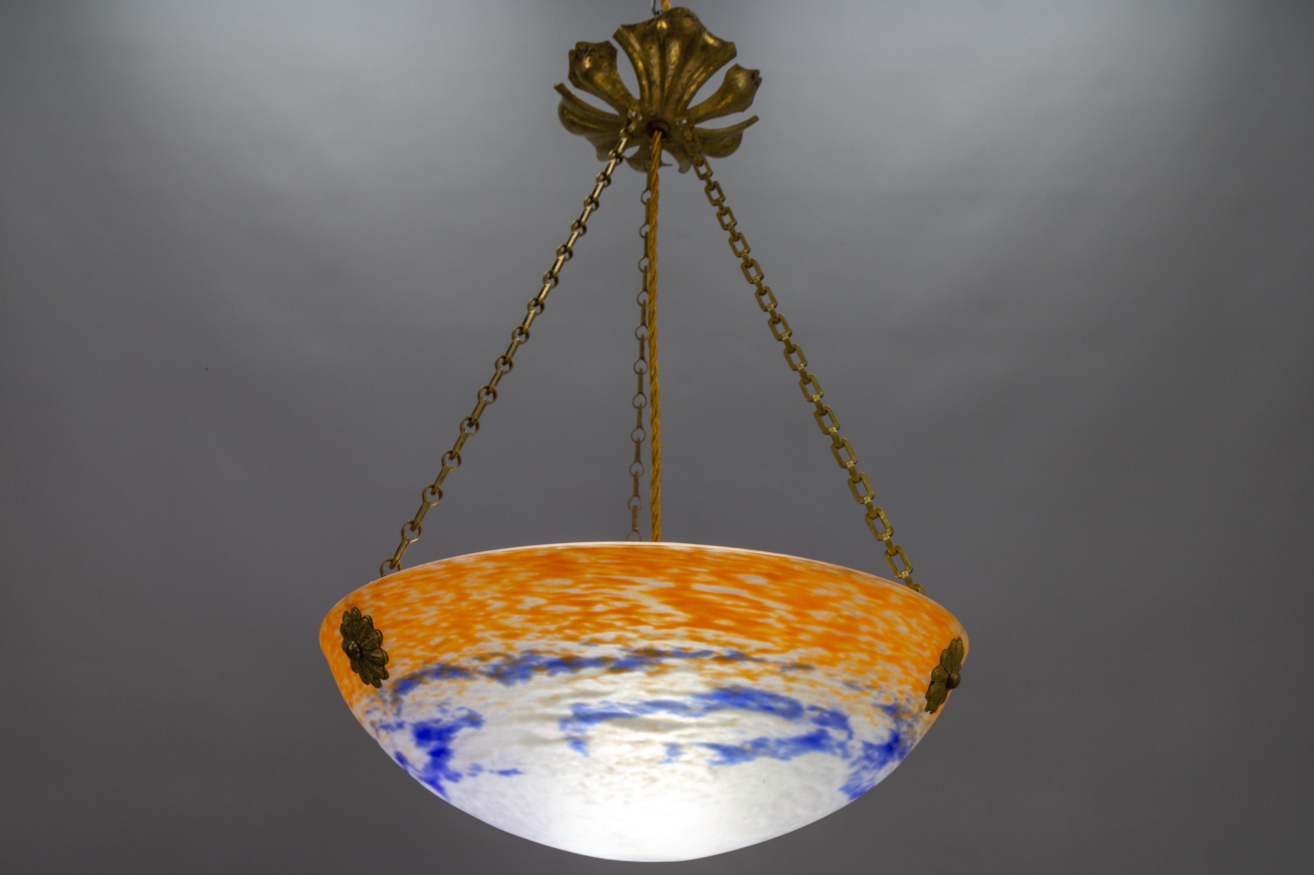 French Art Nouveau Orange, White and Blue Glass Pendant Light by Noverdy, 1920s For Sale 5