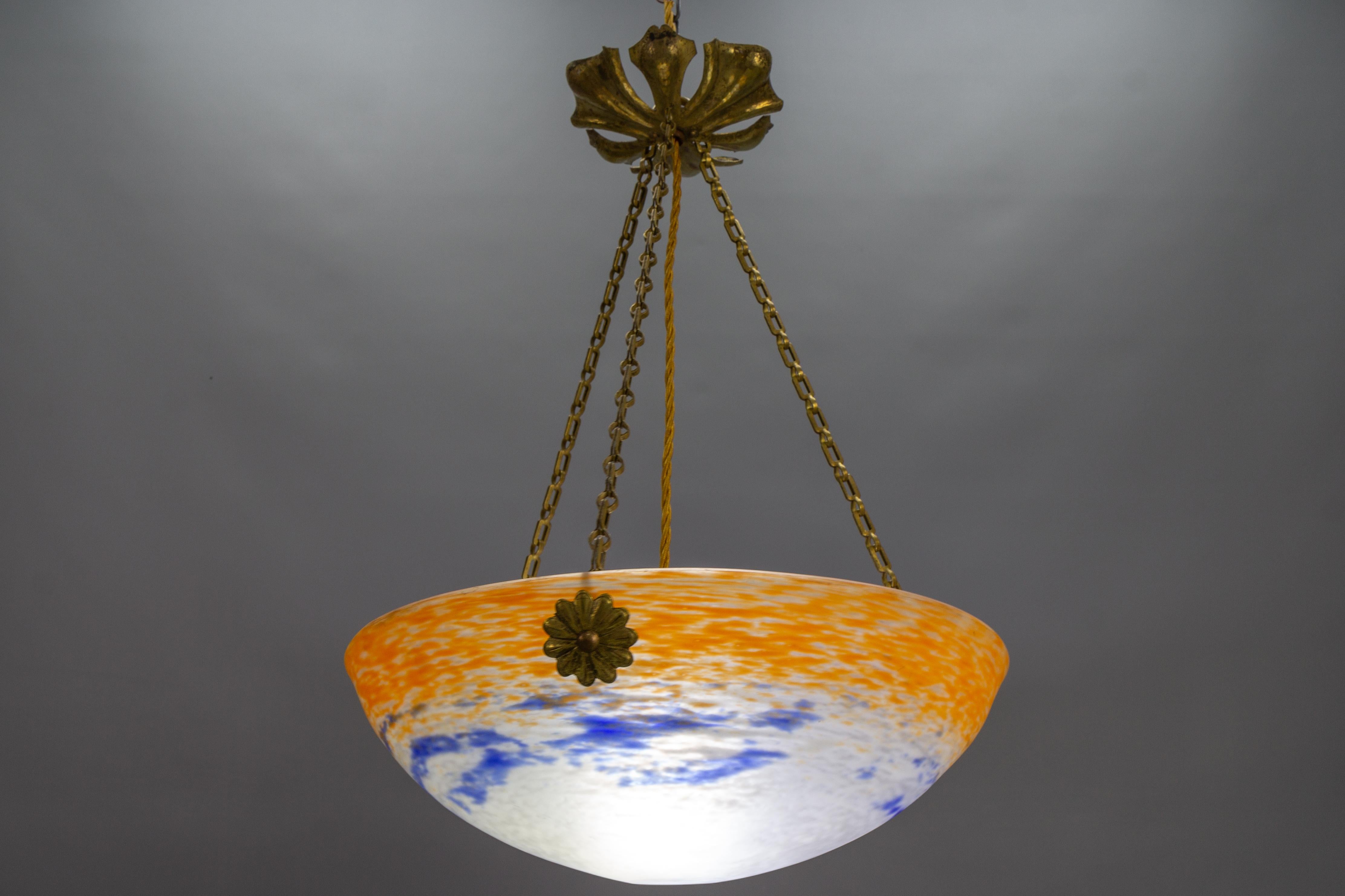 French Art Nouveau Orange, White and Blue Glass Pendant Light by Noverdy, 1920s For Sale 6