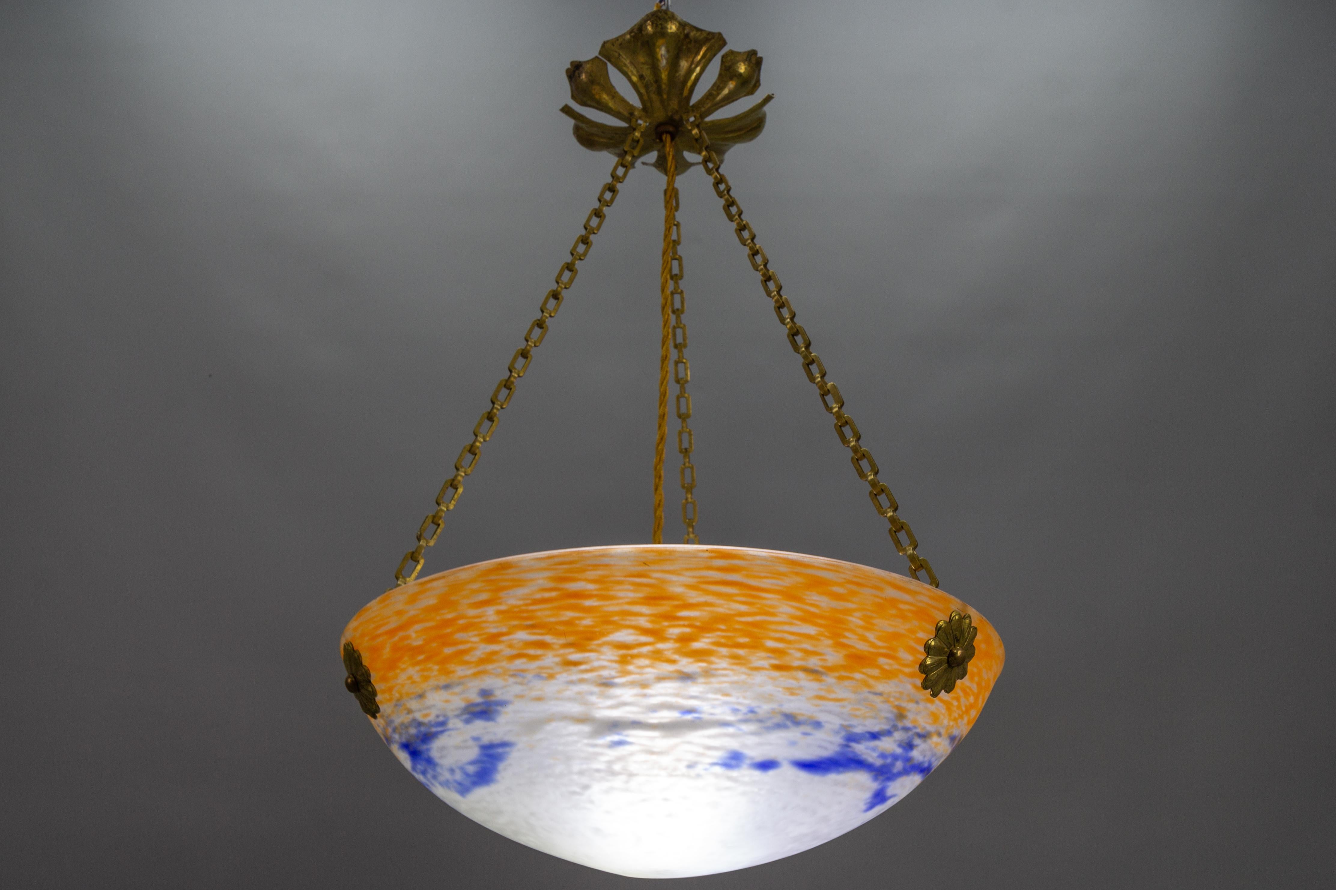 French Art Nouveau Orange, White and Blue Glass Pendant Light by Noverdy, 1920s For Sale 7