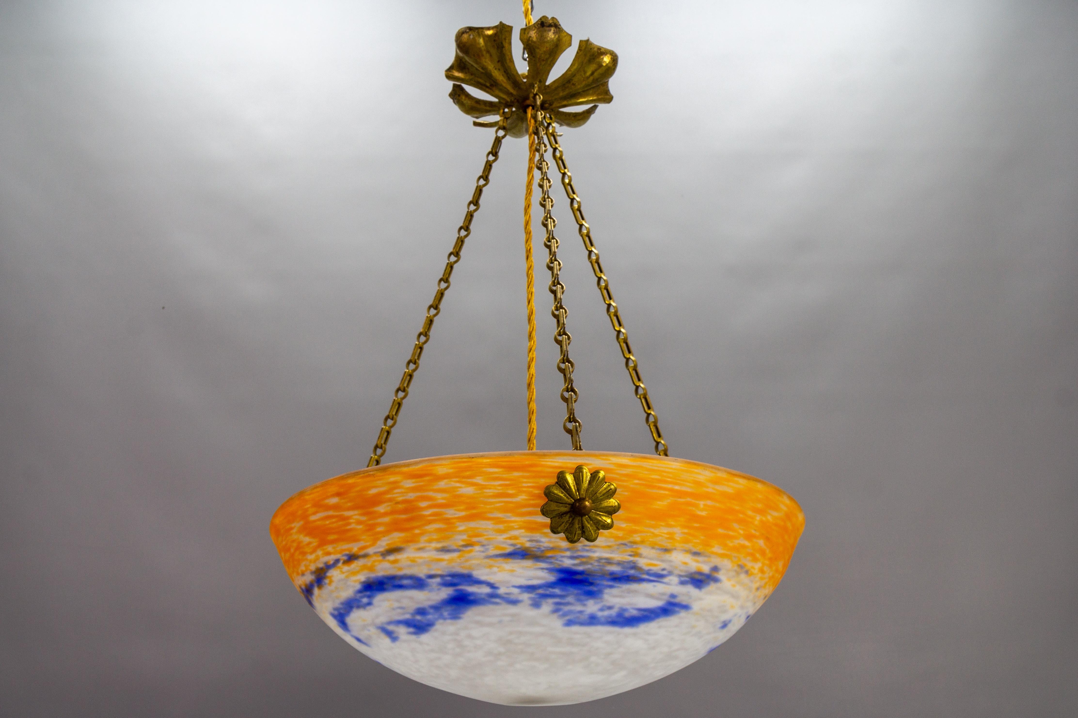 French Art Nouveau Orange, White and Blue Glass Pendant Light by Noverdy, 1920s For Sale 8