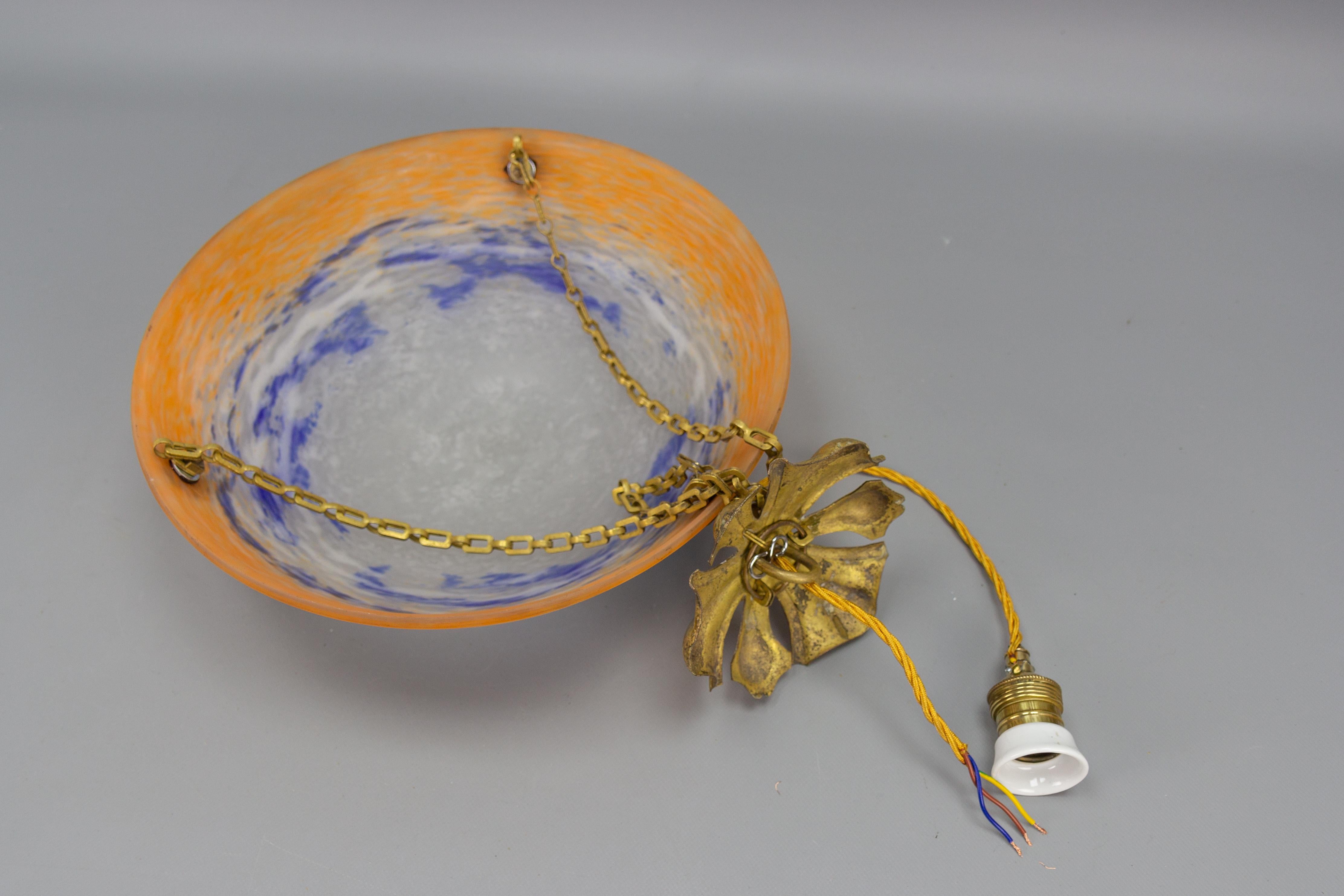 French Art Nouveau Orange, White and Blue Glass Pendant Light by Noverdy, 1920s For Sale 12