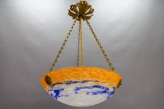 French Art Nouveau Orange, White and Blue Glass Pendant Light by Noverdy, 1920s