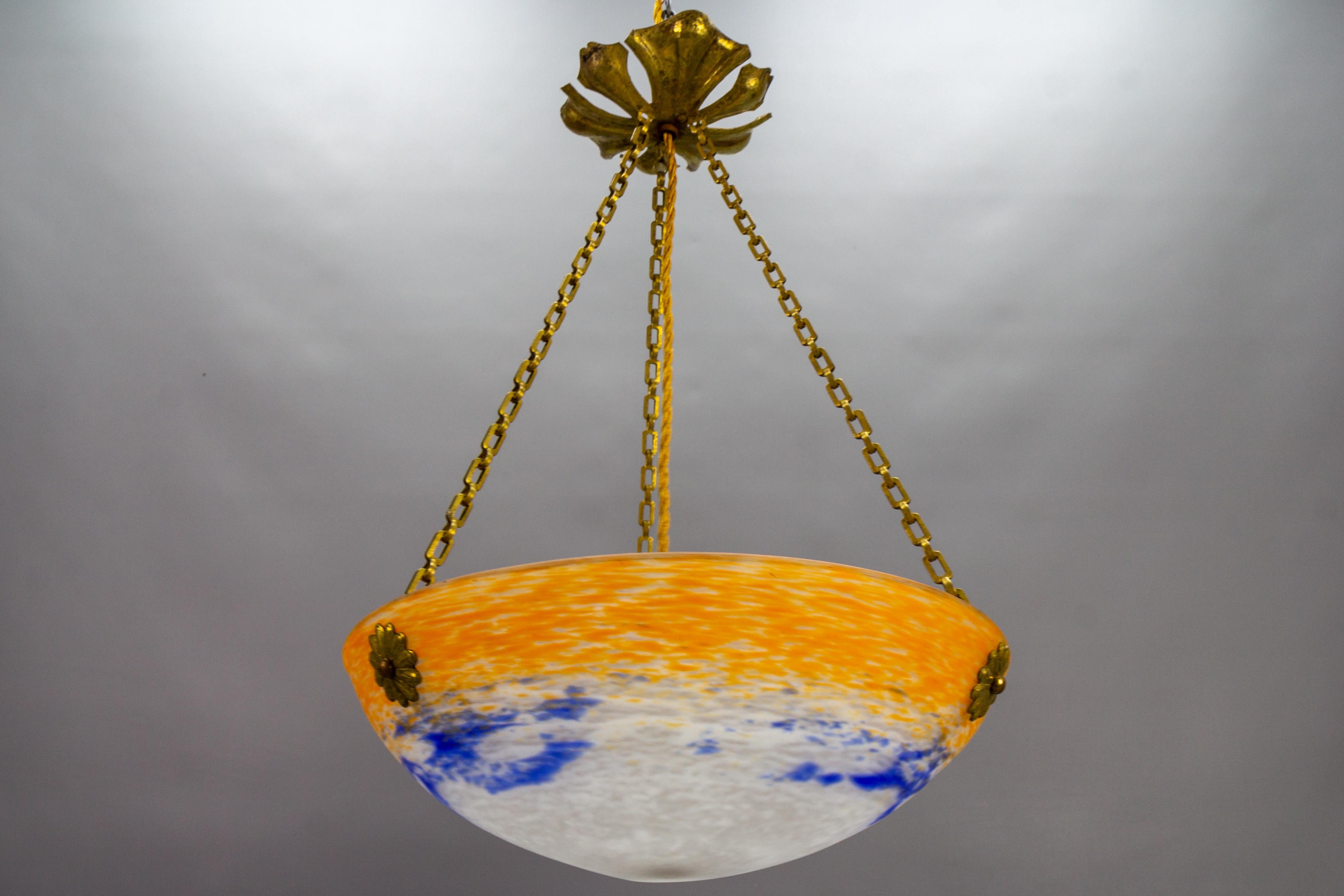 French Art Nouveau Orange, White and Blue Glass Pendant Light by Noverdy, 1920s For Sale 15