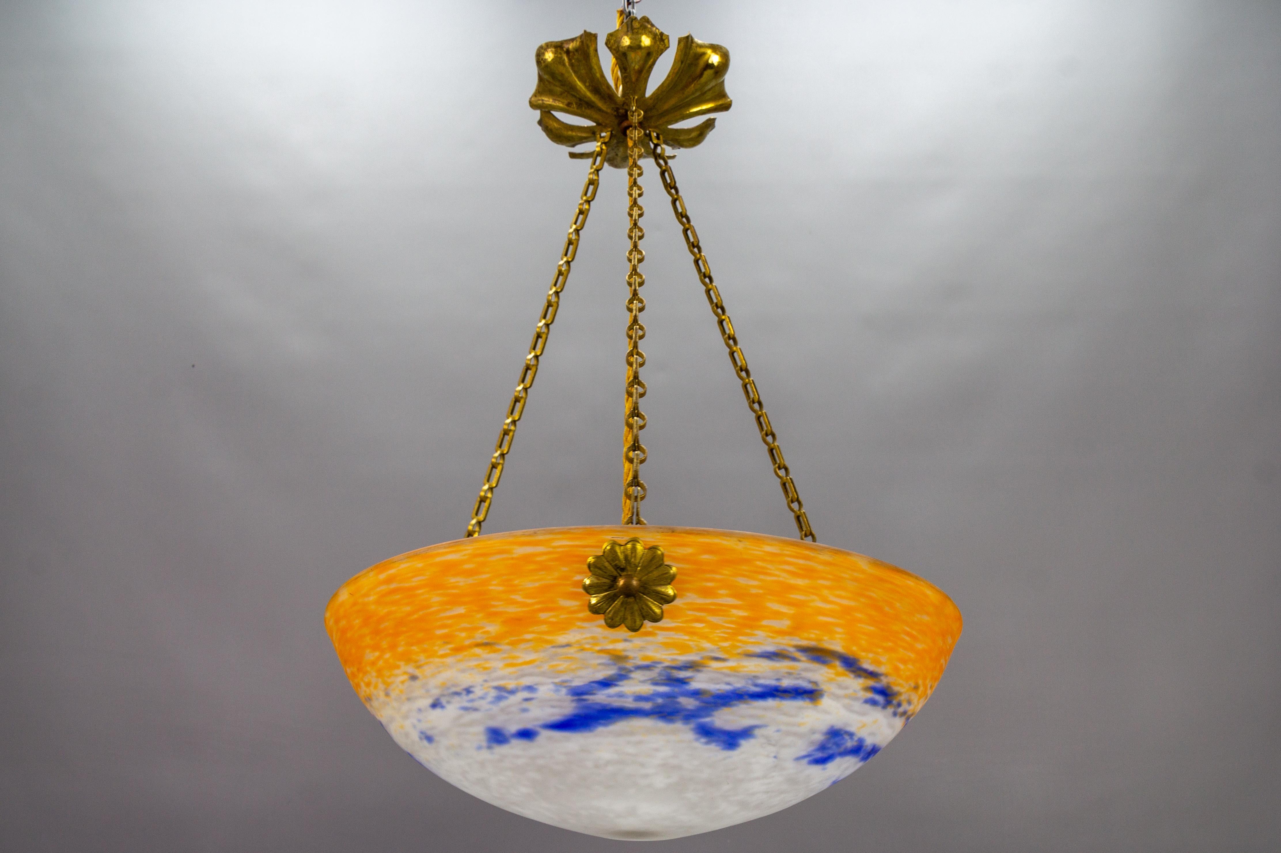 French Art Nouveau Orange, White and Blue Glass Pendant Light by Noverdy, 1920s In Good Condition For Sale In Barntrup, DE