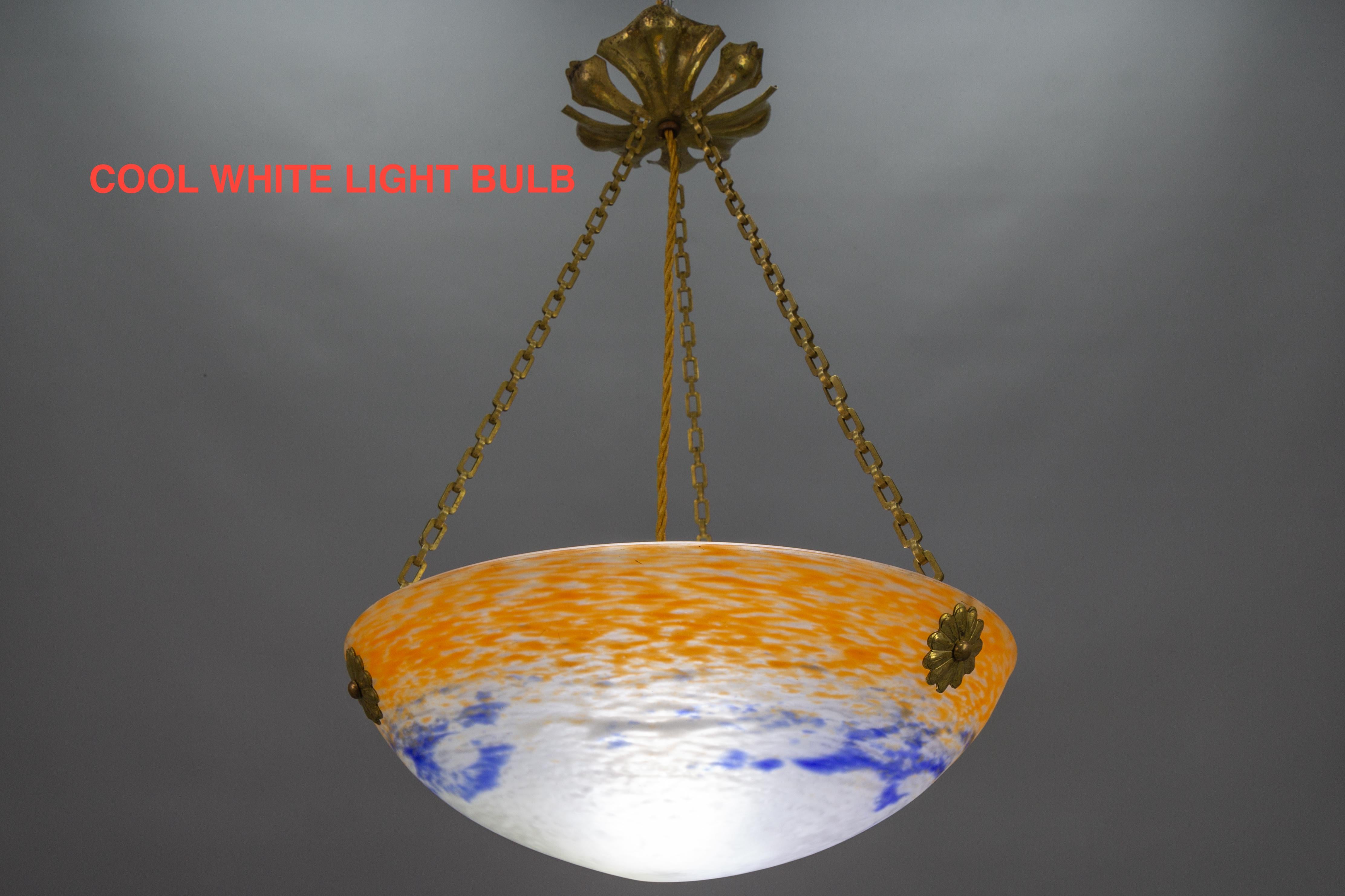 French Art Nouveau Orange, White and Blue Glass Pendant Light by Noverdy, 1920s For Sale 1