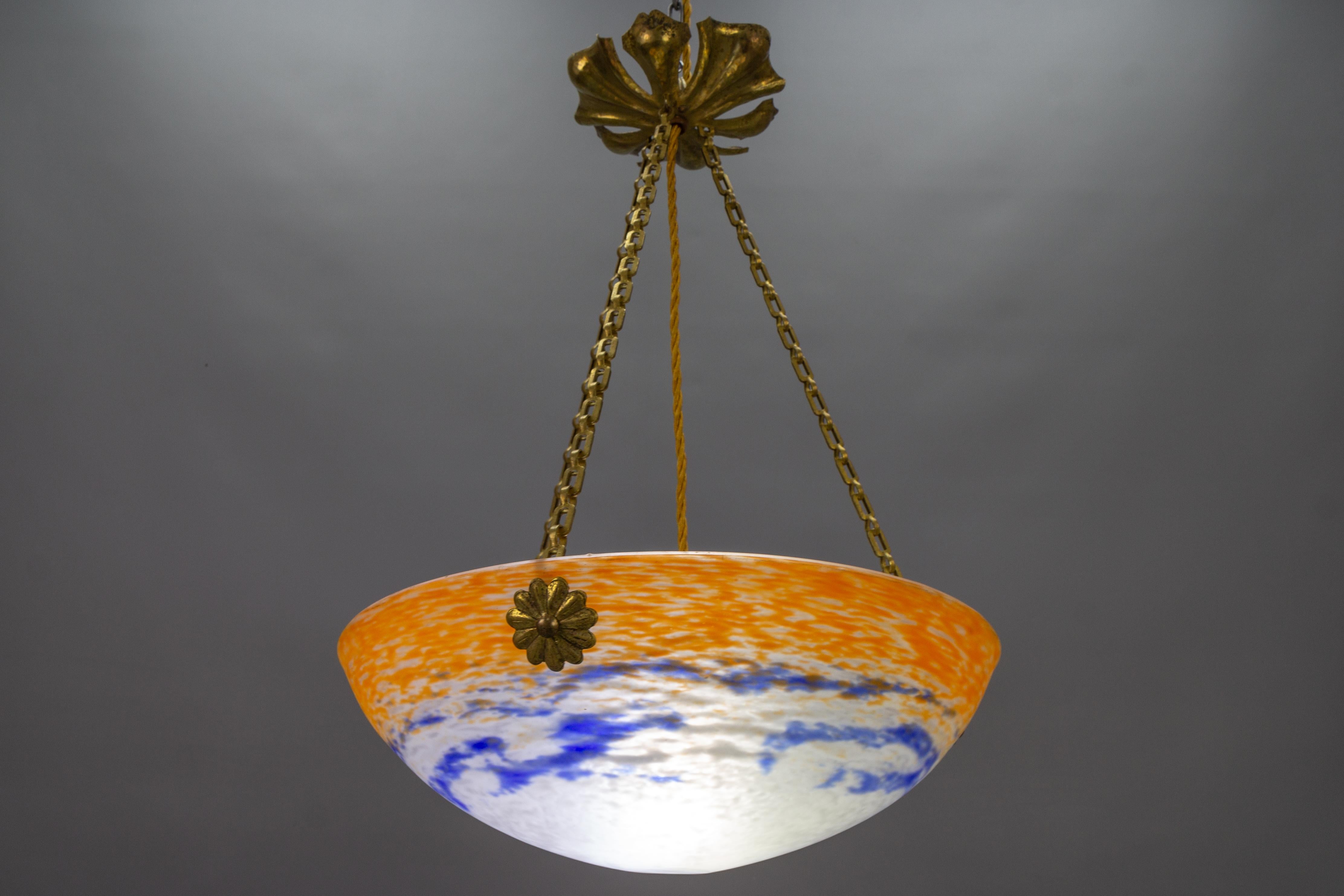 French Art Nouveau Orange, White and Blue Glass Pendant Light by Noverdy, 1920s For Sale 2
