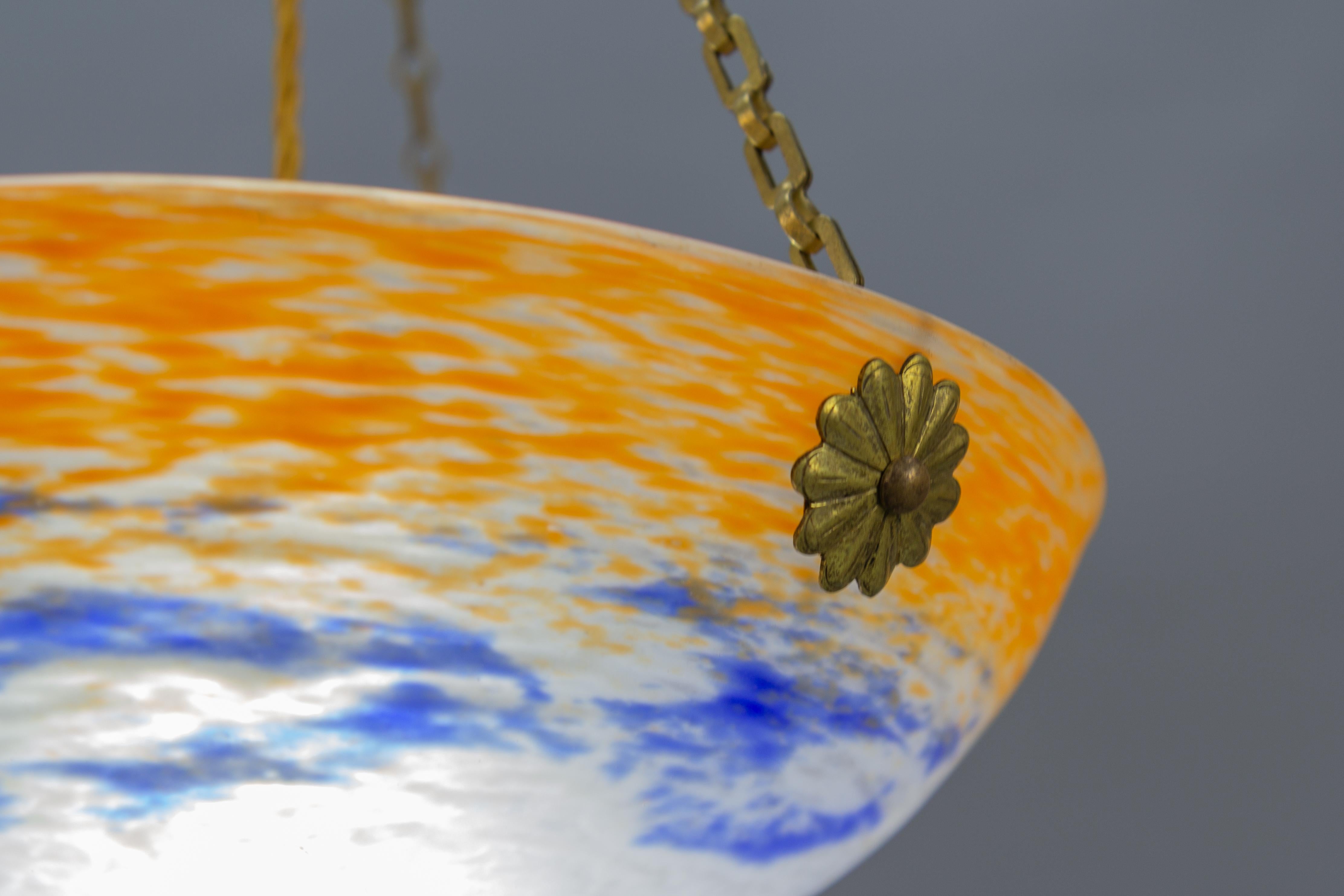 French Art Nouveau Orange, White and Blue Glass Pendant Light by Noverdy, 1920s For Sale 4