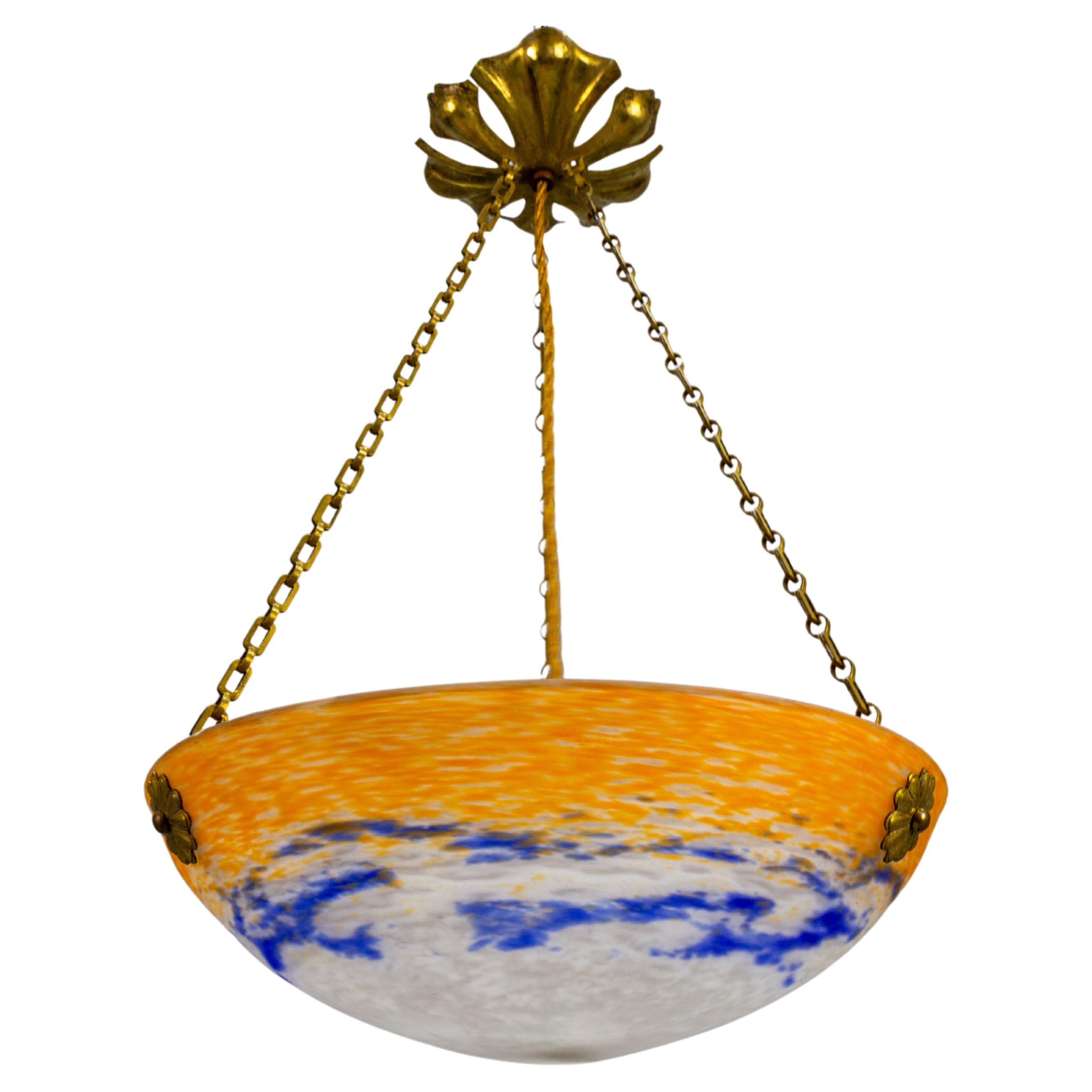 French Art Nouveau Orange, White and Blue Glass Pendant Light by Noverdy, 1920s For Sale