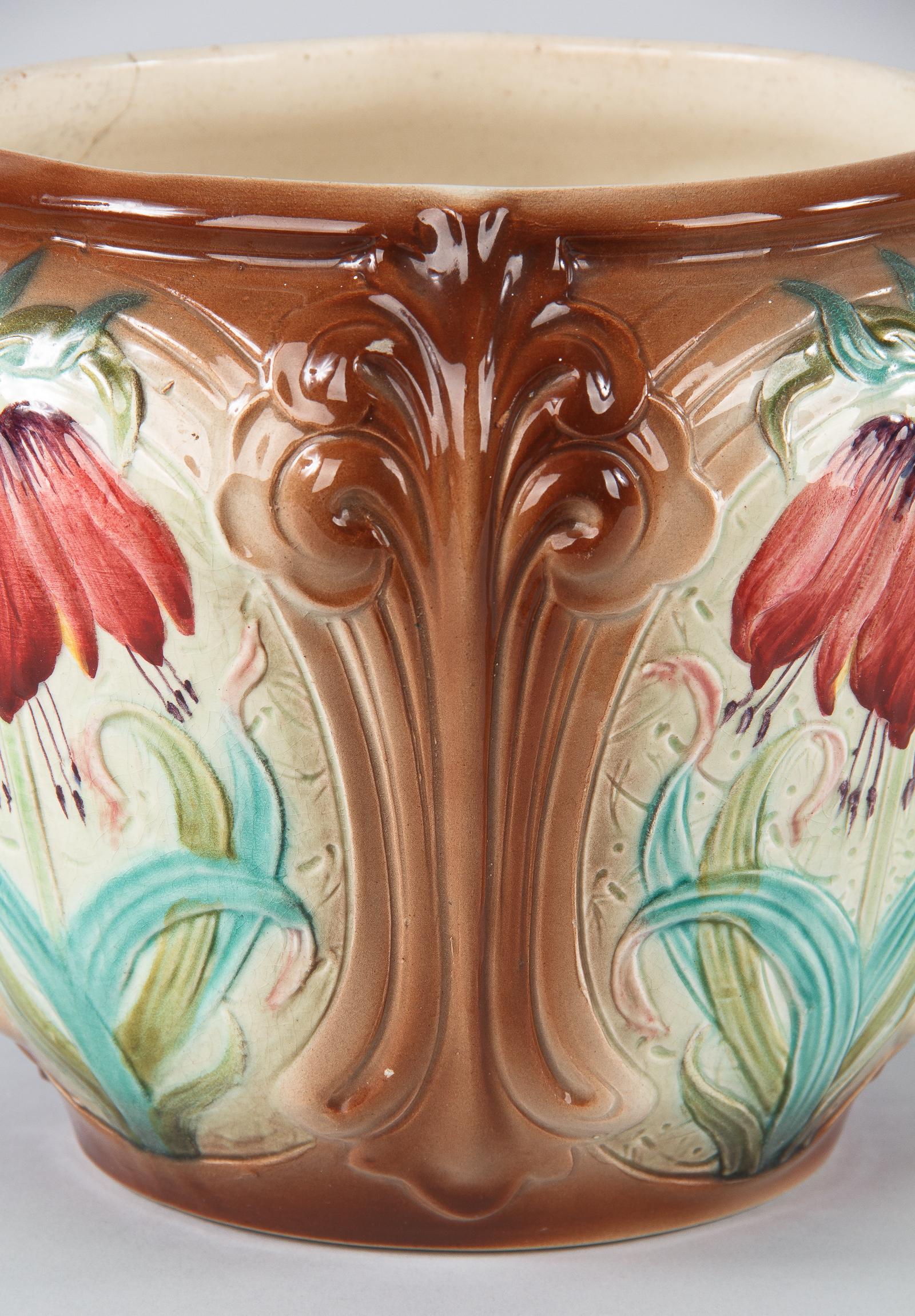 French Art Nouveau Orchies Majolica Cache Pot, 1900s 4