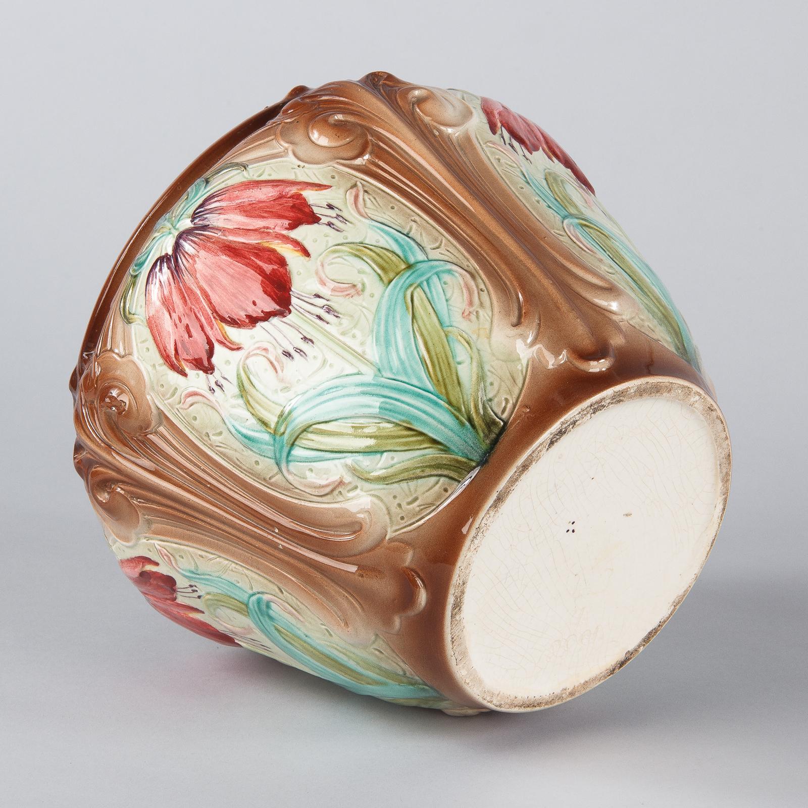 French Art Nouveau Orchies Majolica Cache Pot, 1900s 9