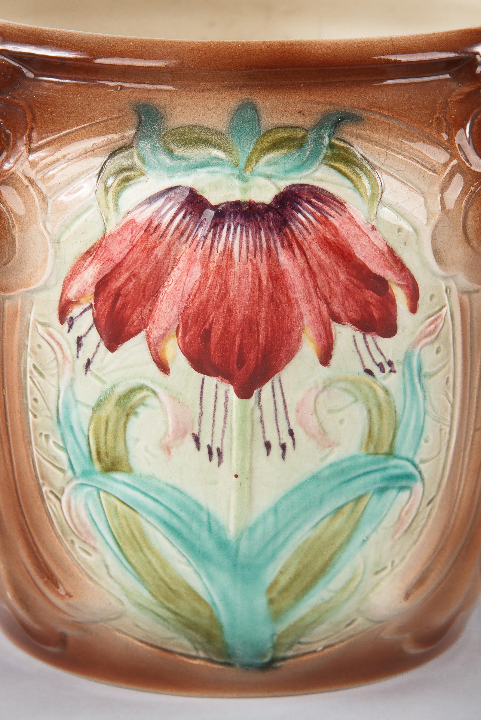 20th Century French Art Nouveau Orchies Majolica Cache Pot, 1900s