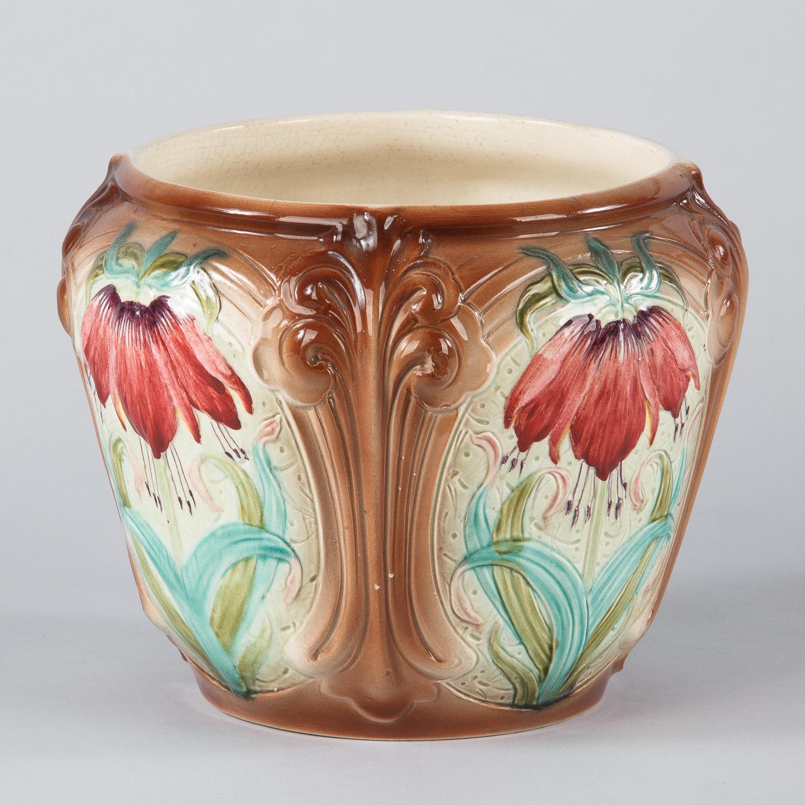 Ceramic French Art Nouveau Orchies Majolica Cache Pot, 1900s