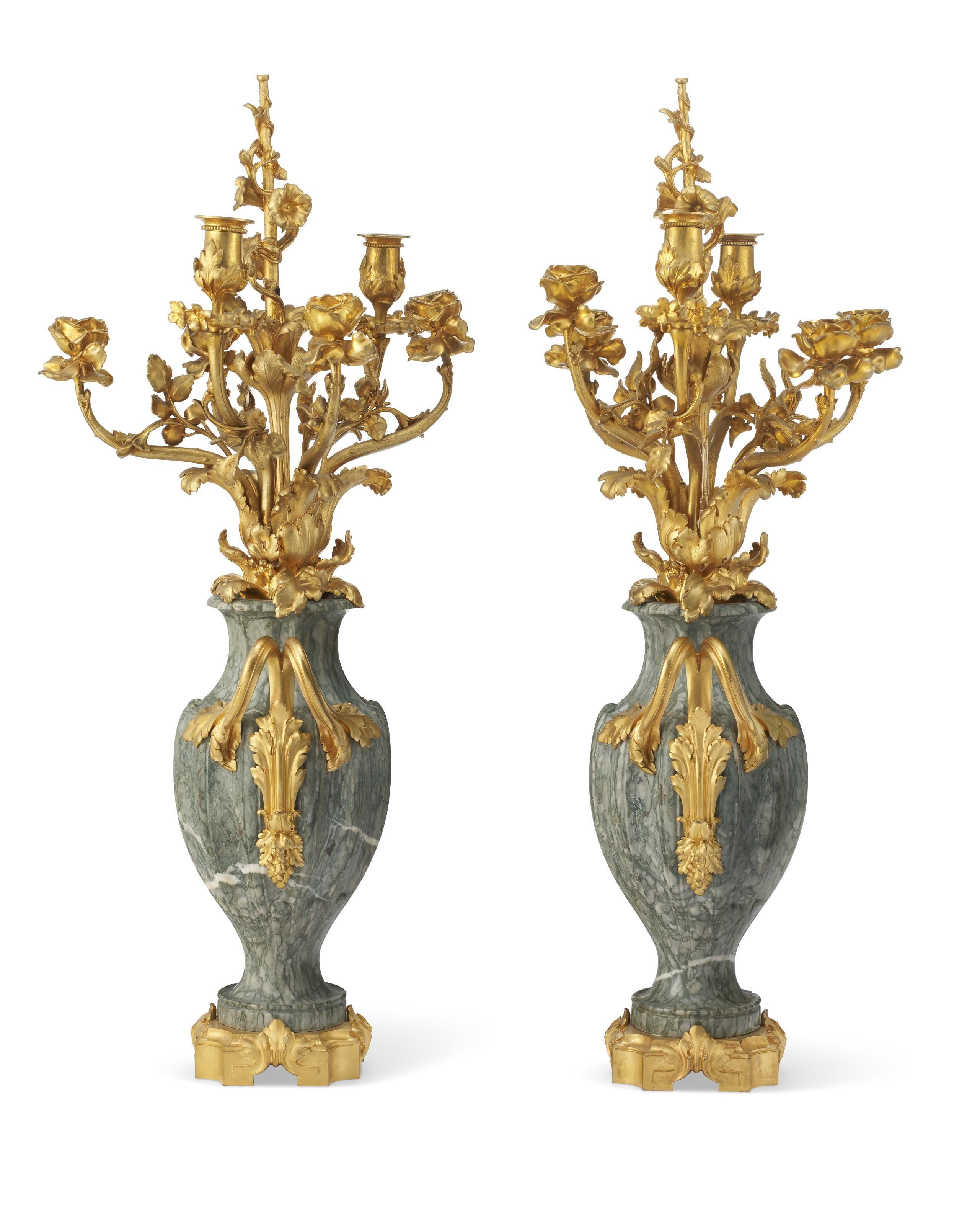 French Art Nouveau Ormolu Bronze and Green Marble Candelabra by F. Rambaud, and cast by the foundry of Susse Freres.  Previously electrified.