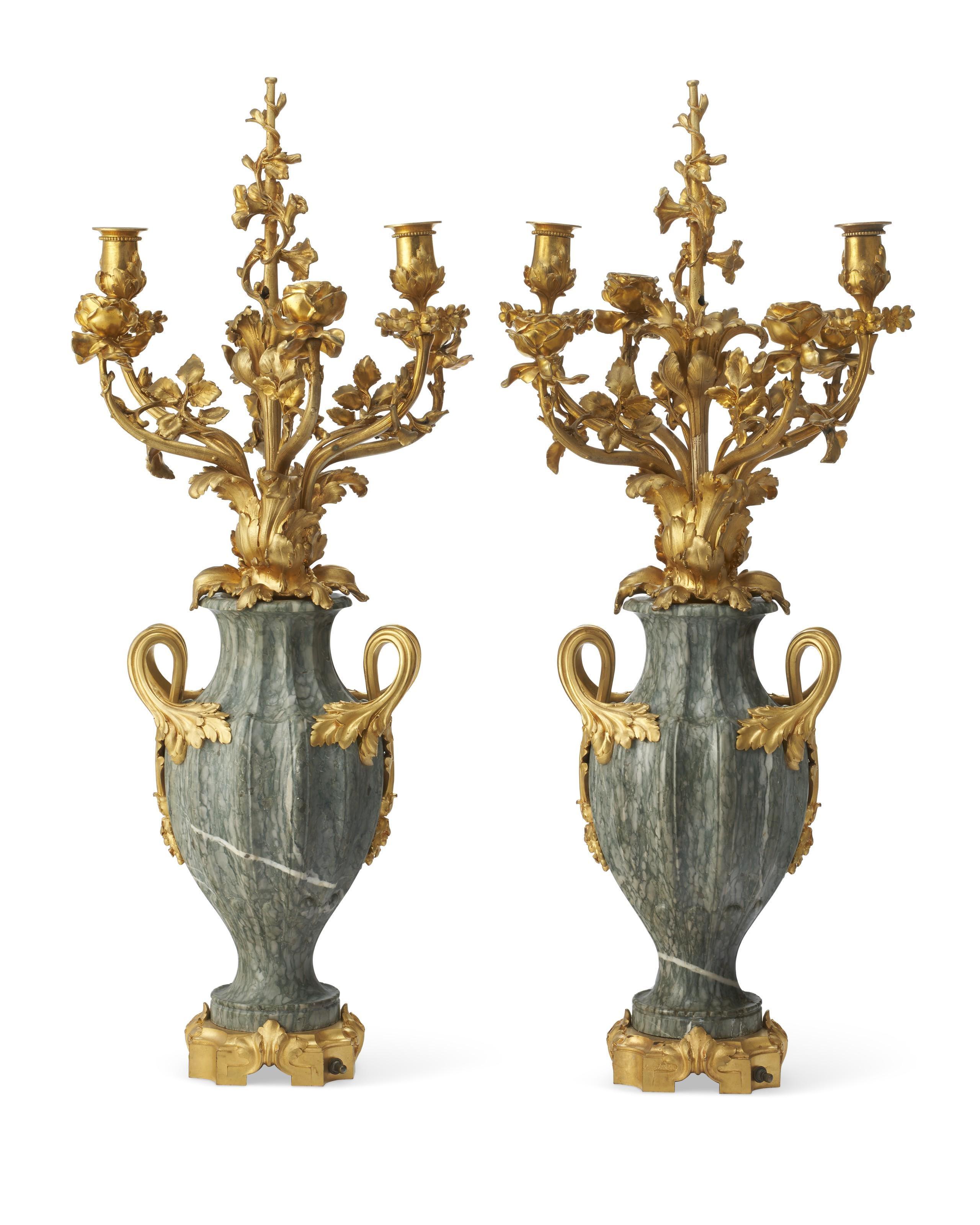 Louis XVI French Art Nouveau Ormolu Bronze and Green Marble Candelabra by F. Rambaud For Sale