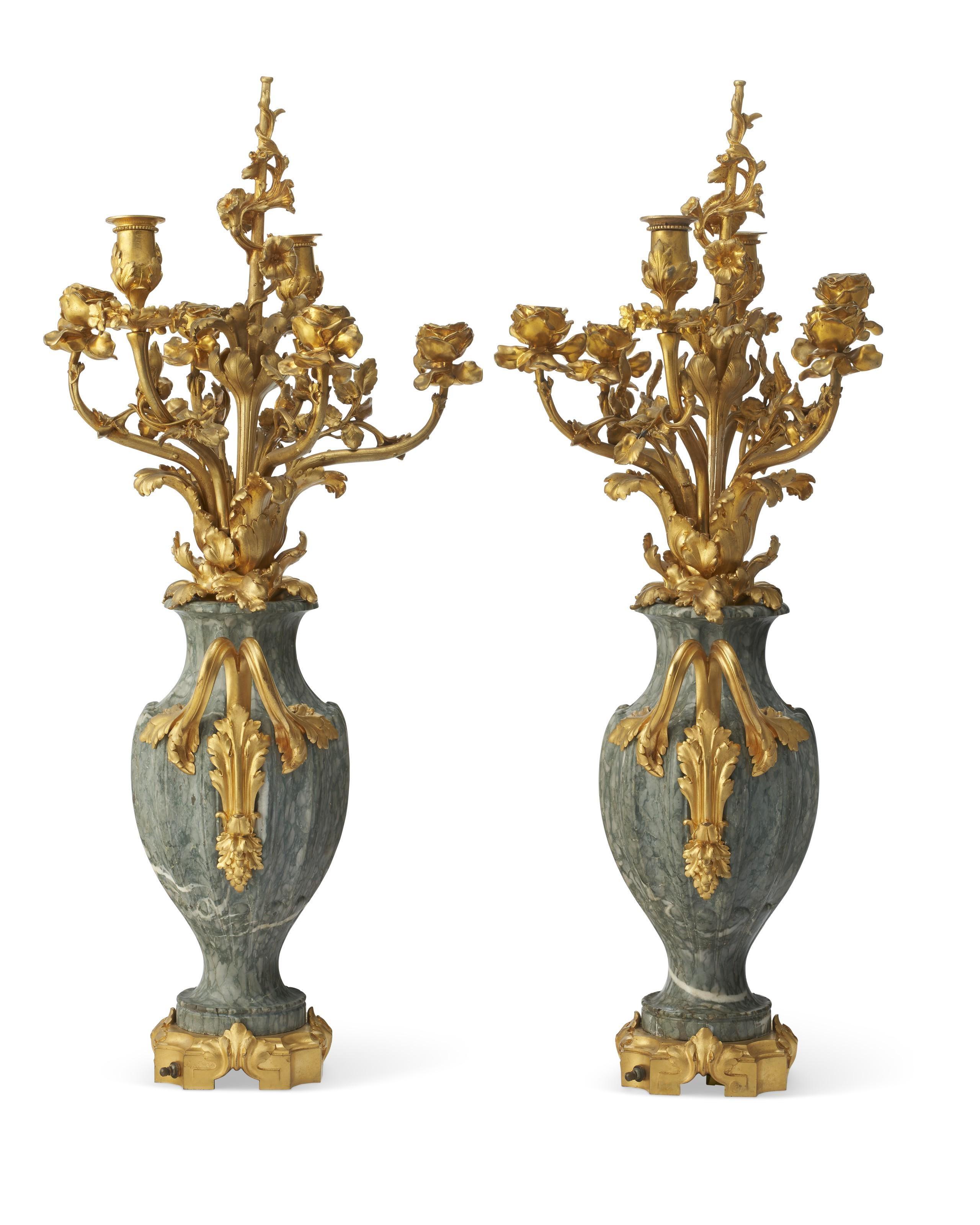 French Art Nouveau Ormolu Bronze and Green Marble Candelabra by F. Rambaud In Good Condition For Sale In New York, NY