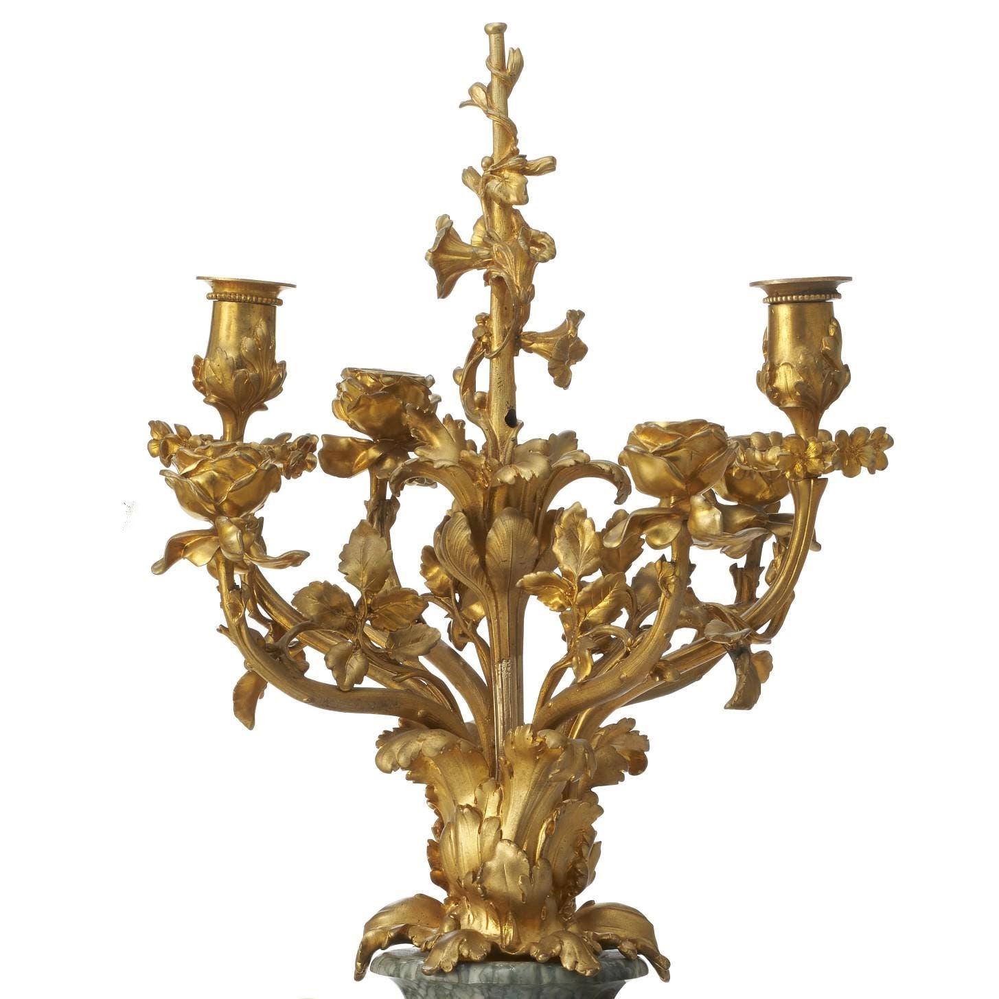 19th Century French Art Nouveau Ormolu Bronze and Green Marble Candelabra by F. Rambaud For Sale