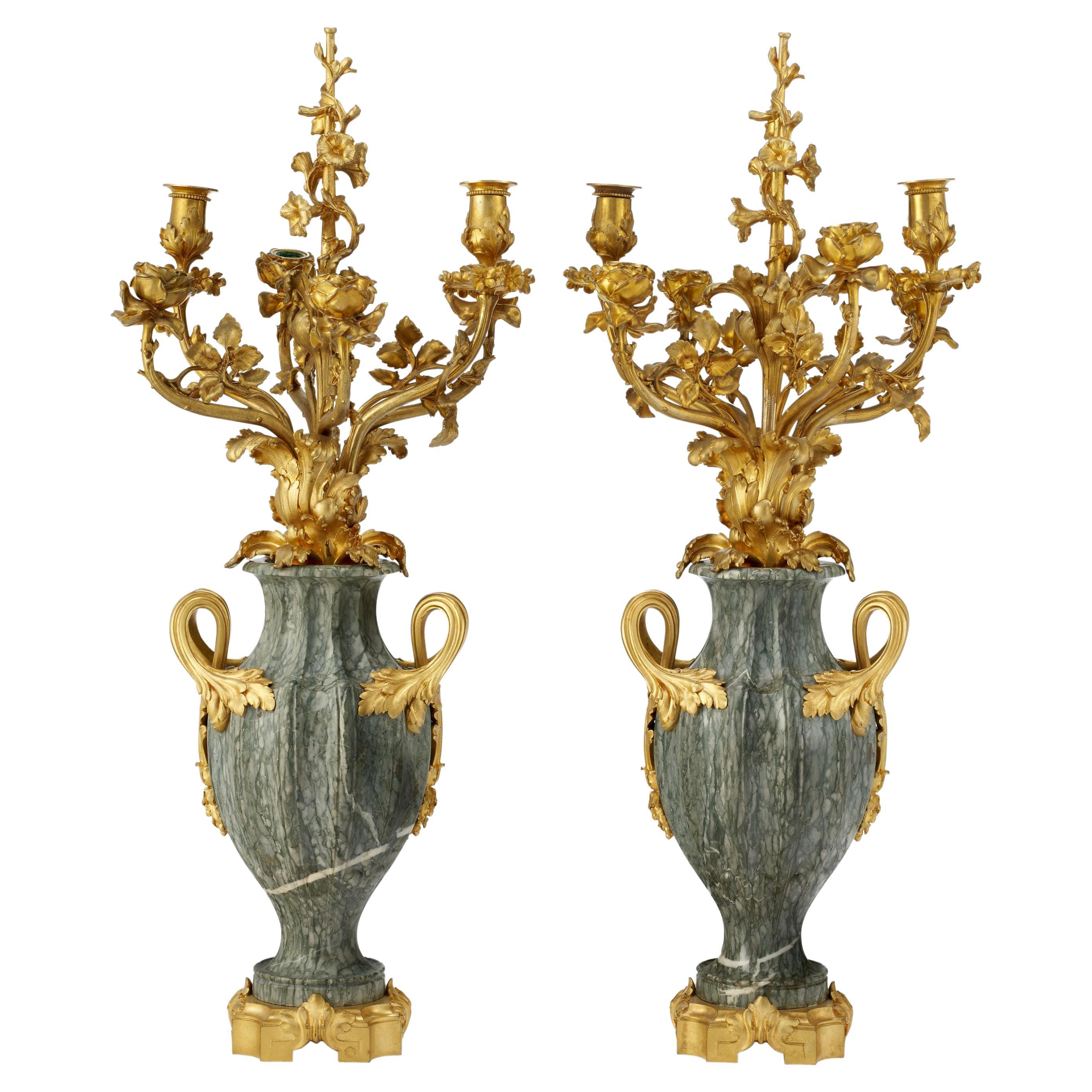 French Art Nouveau Ormolu Bronze and Green Marble Candelabra by F. Rambaud