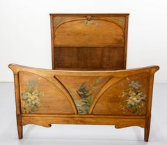 French Art Nouveau Painted Massive Beech Bed Full Size or Double Bed, circa 1890
