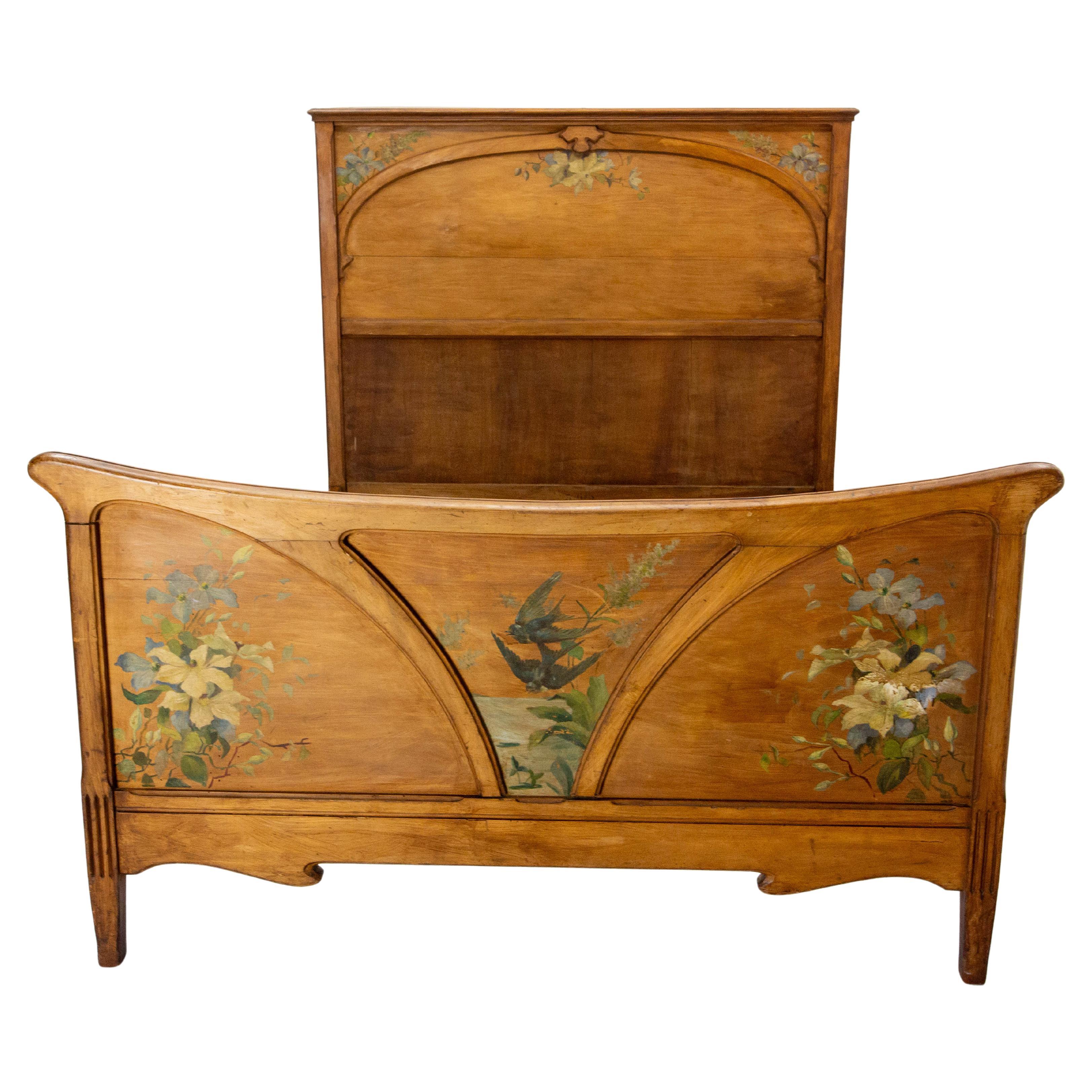 French Art Nouveau Painted Massive Beech Bed Full Size or Double Bed, circa 1890 For Sale