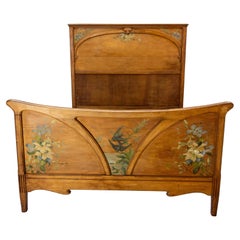 Used French Art Nouveau Painted Massive Beech Bed Full Size or Double Bed, circa 1890