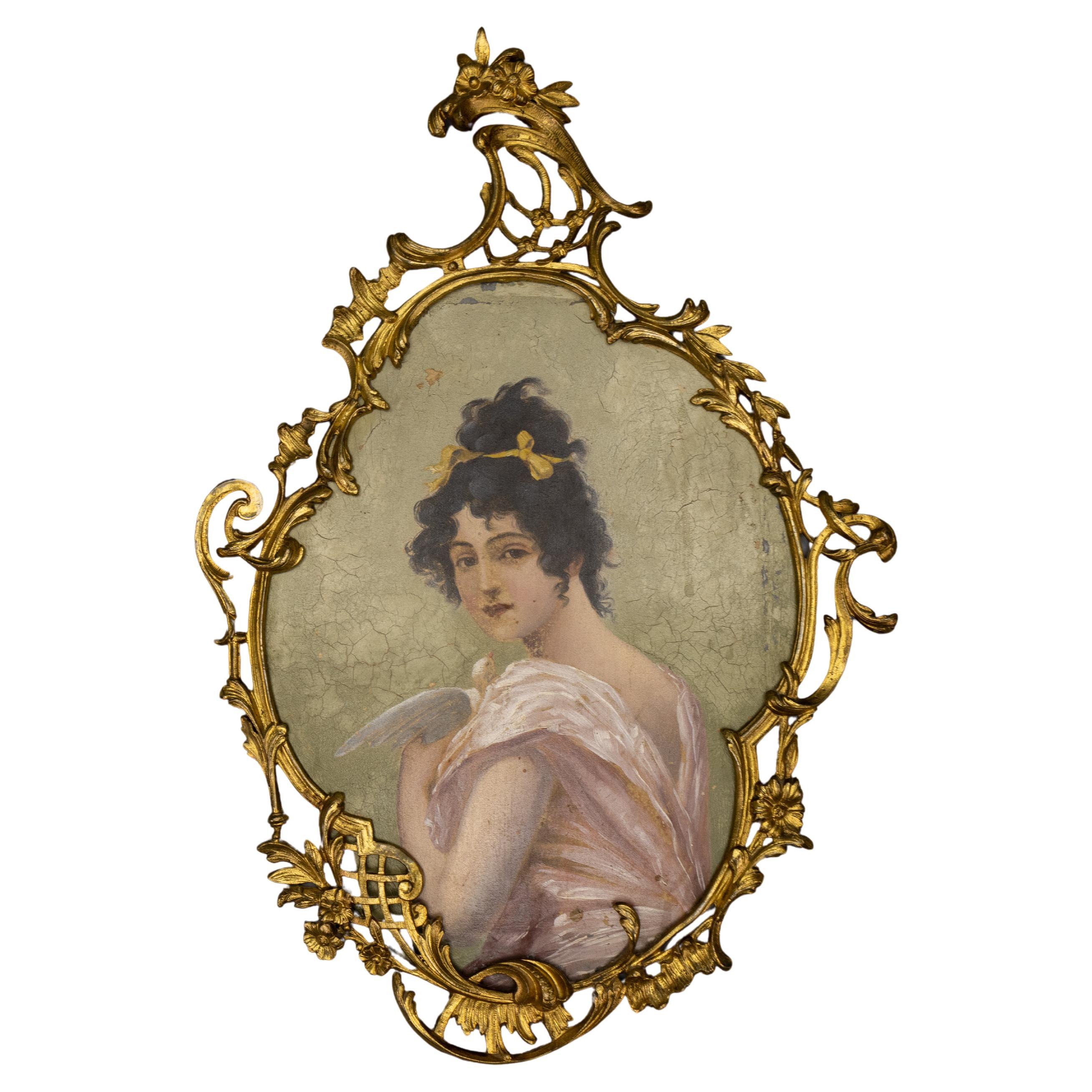 French Art Nouveau Painted Portrait in a Louis XV Style Bronze Frame, ca. 1900s