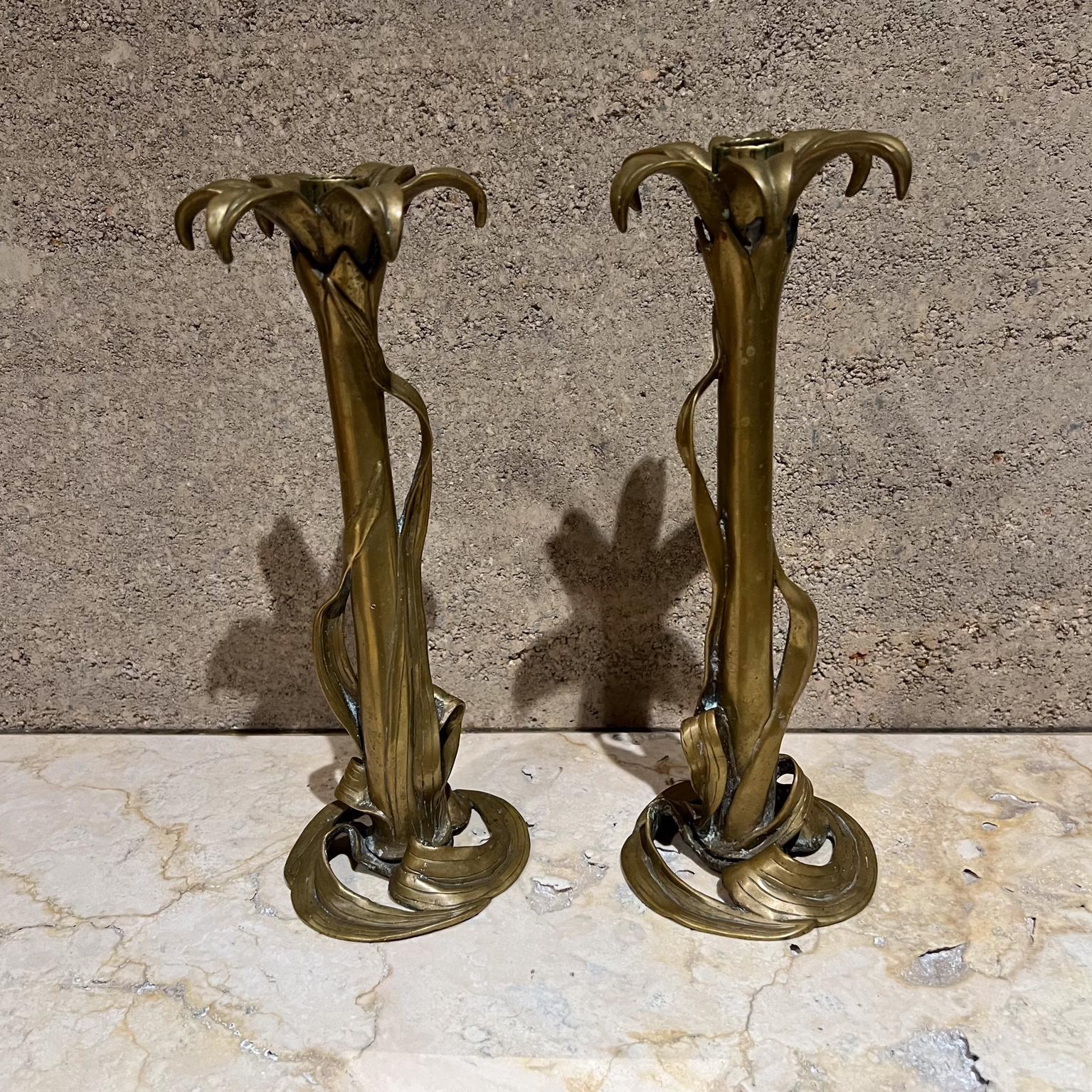 French Art Nouveau Pair Floral Brass Candlestick Holders For Sale 9
