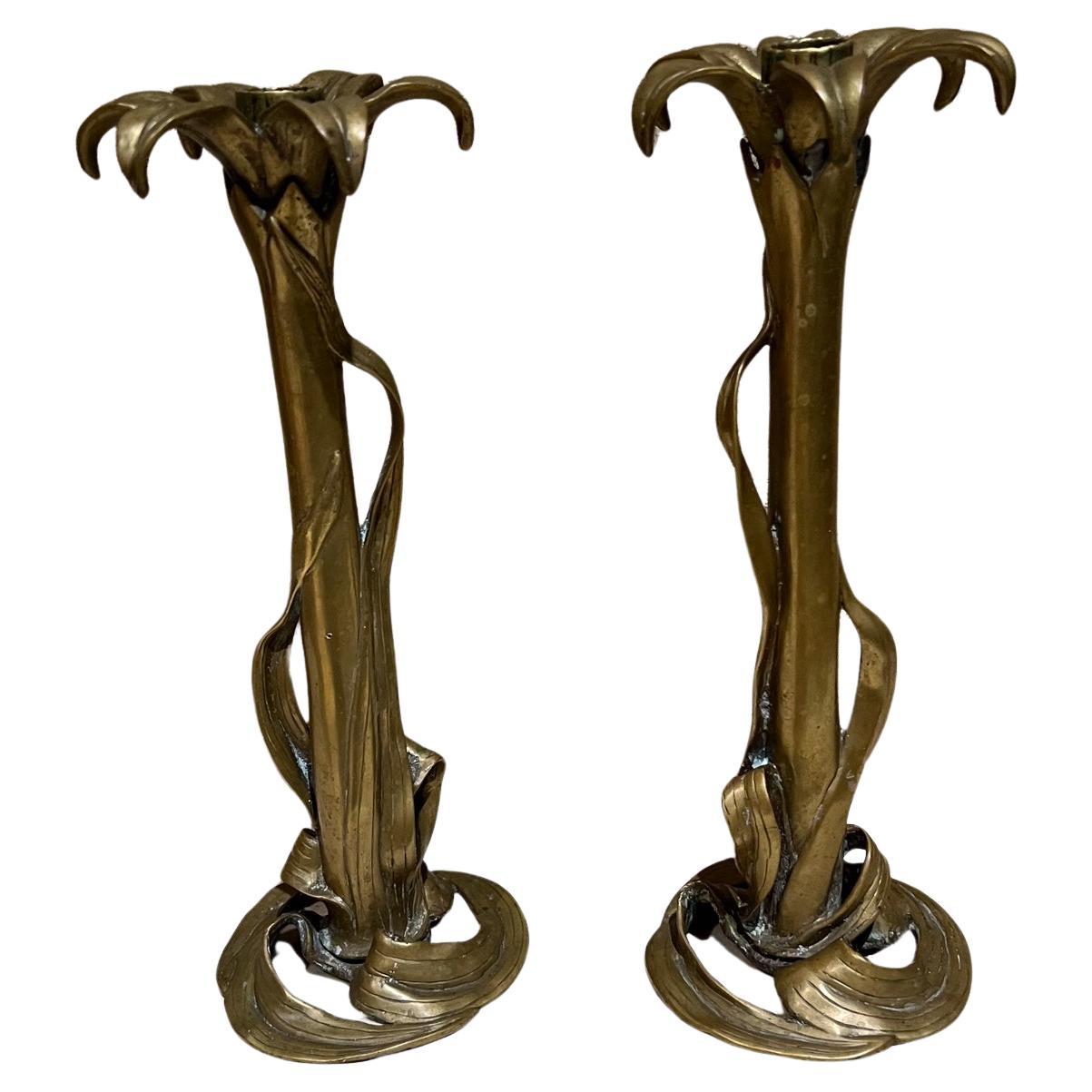 French Art Nouveau Pair Floral Brass Candlestick Holders For Sale