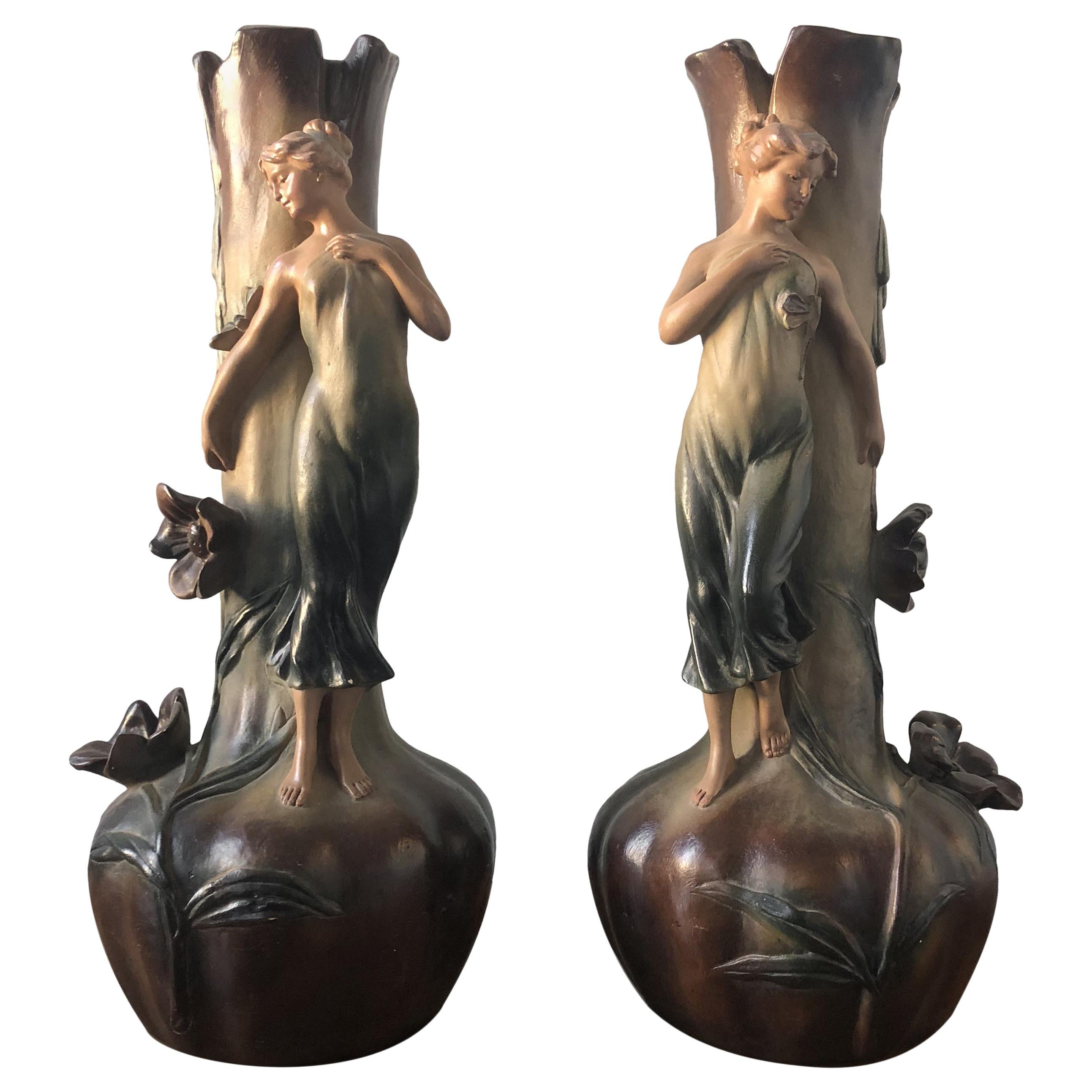 French Art Nouveau Pair of Large Terracotta Vases, circa 1910 For Sale