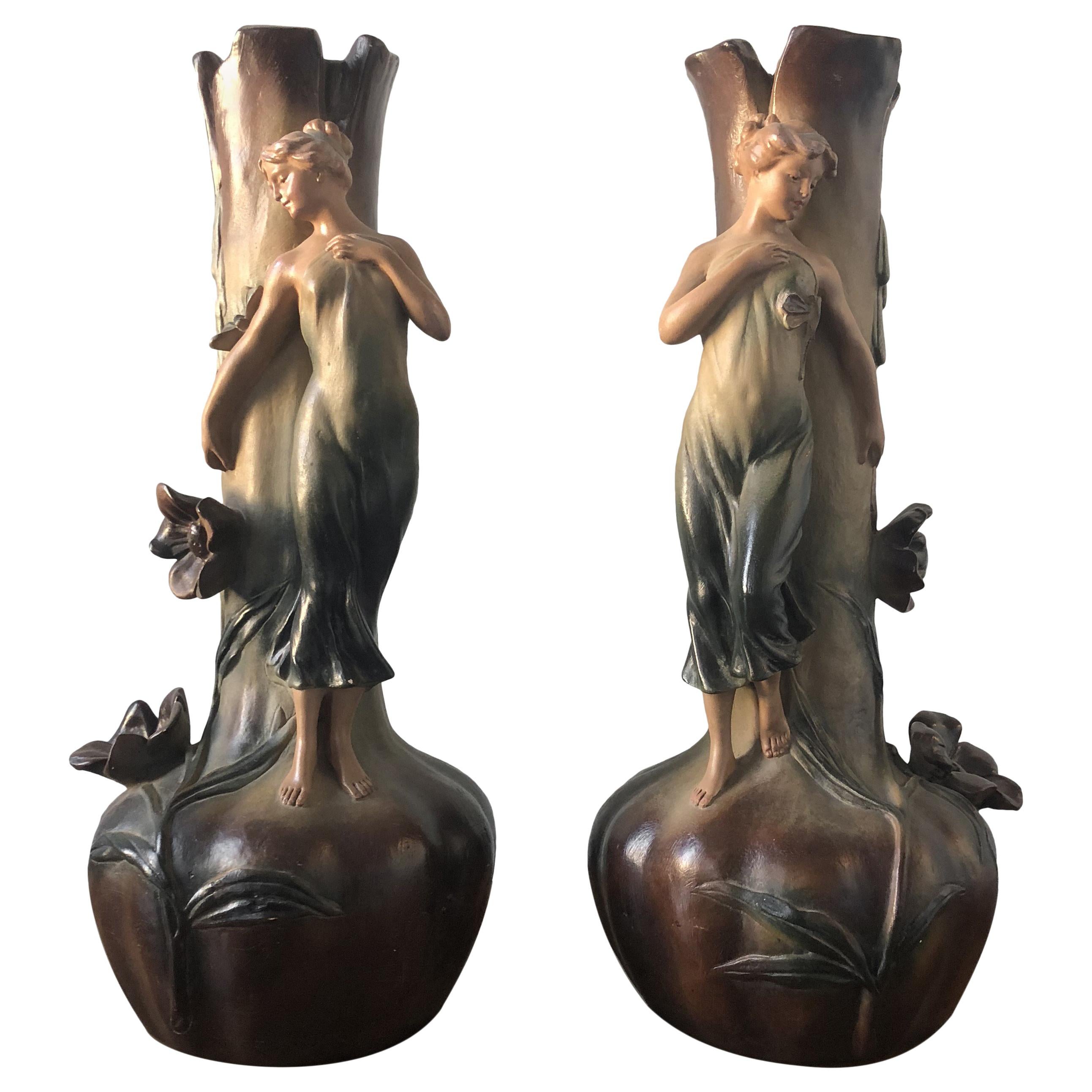 French Art Nouveau Pair of Large Terracotta Vases, circa 1910