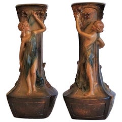 Coppia di grandi vasi in terracotta in stile Art Nouveau francese firmati F. Citti, 1900-1910