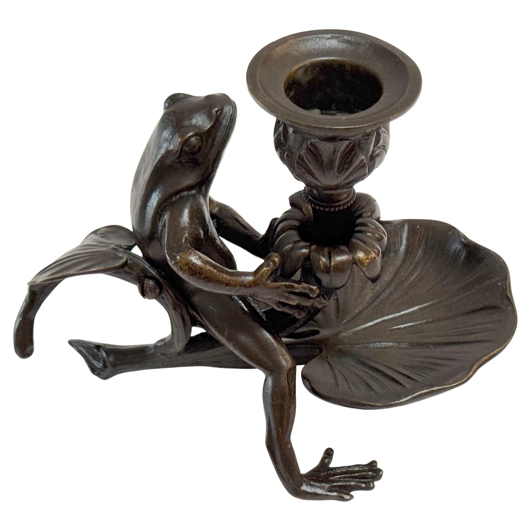 French Art Nouveau Patinated Bronze Frog & Lily Pad Chamberstick /Candlestick