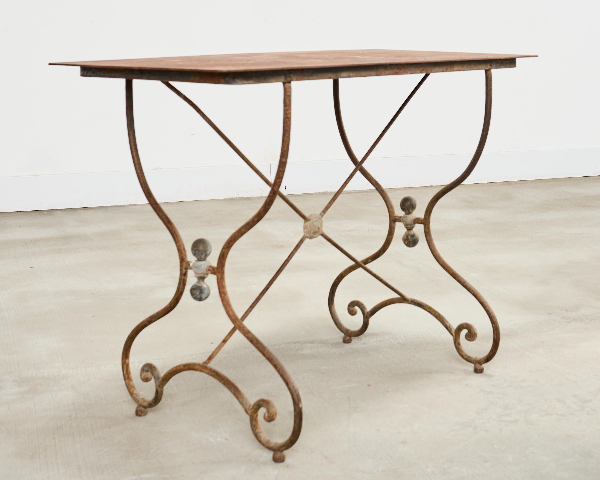 Hand-Crafted French Art Nouveau Patinated Iron Bronze Garden Bistro Table For Sale