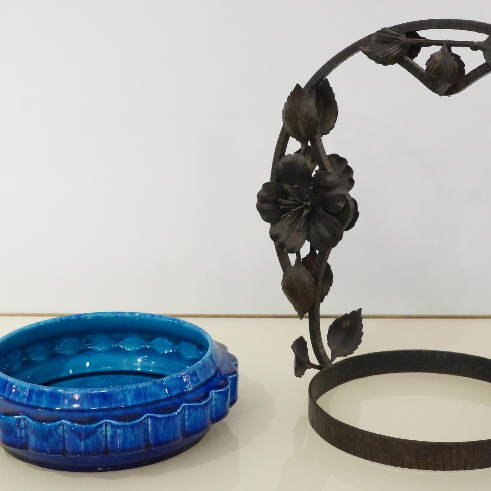 French Art Nouveau Paul Milet Sevres Ceramic Flower Wrought Iron Turquoise Bowl In Good Condition For Sale In New York, NY