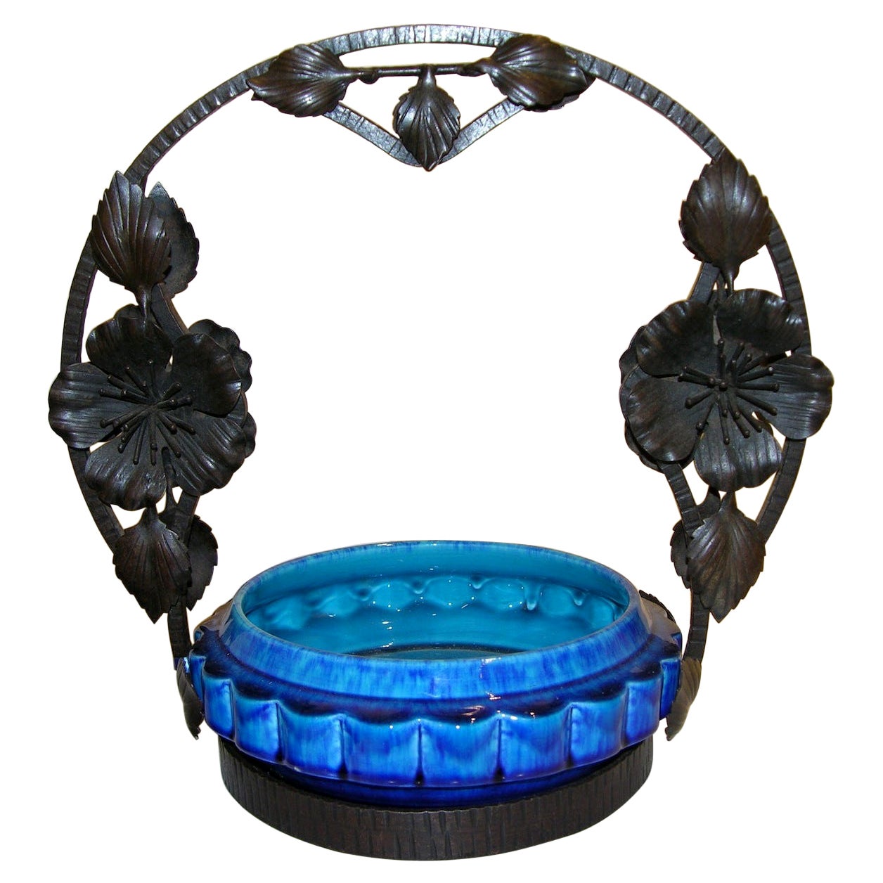 French Art Nouveau Paul Milet Sevres Ceramic Flower Wrought Iron Turquoise Bowl