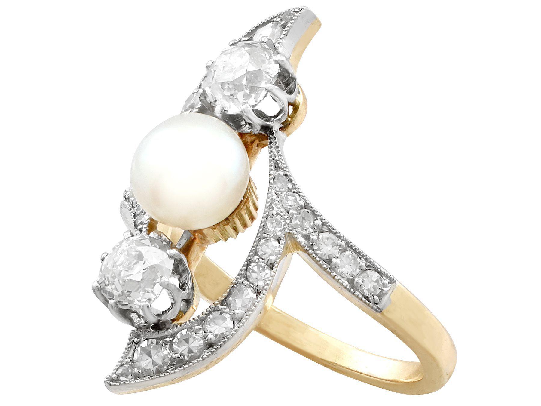 Round Cut French Art Nouveau Pearl 1.14 Carat Diamond Gold and Platinum Cocktail Ring For Sale