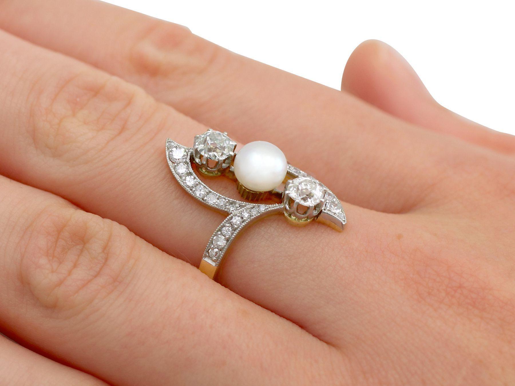 French Art Nouveau Pearl 1.14 Carat Diamond Gold and Platinum Cocktail Ring For Sale 2