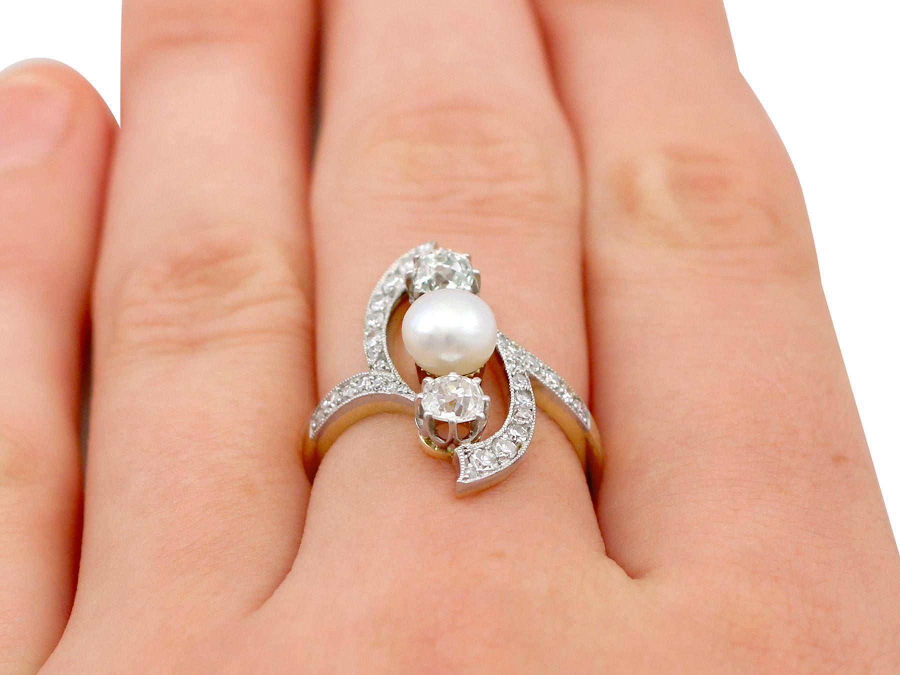 French Art Nouveau Pearl 1.14 Carat Diamond Gold and Platinum Cocktail Ring For Sale 3