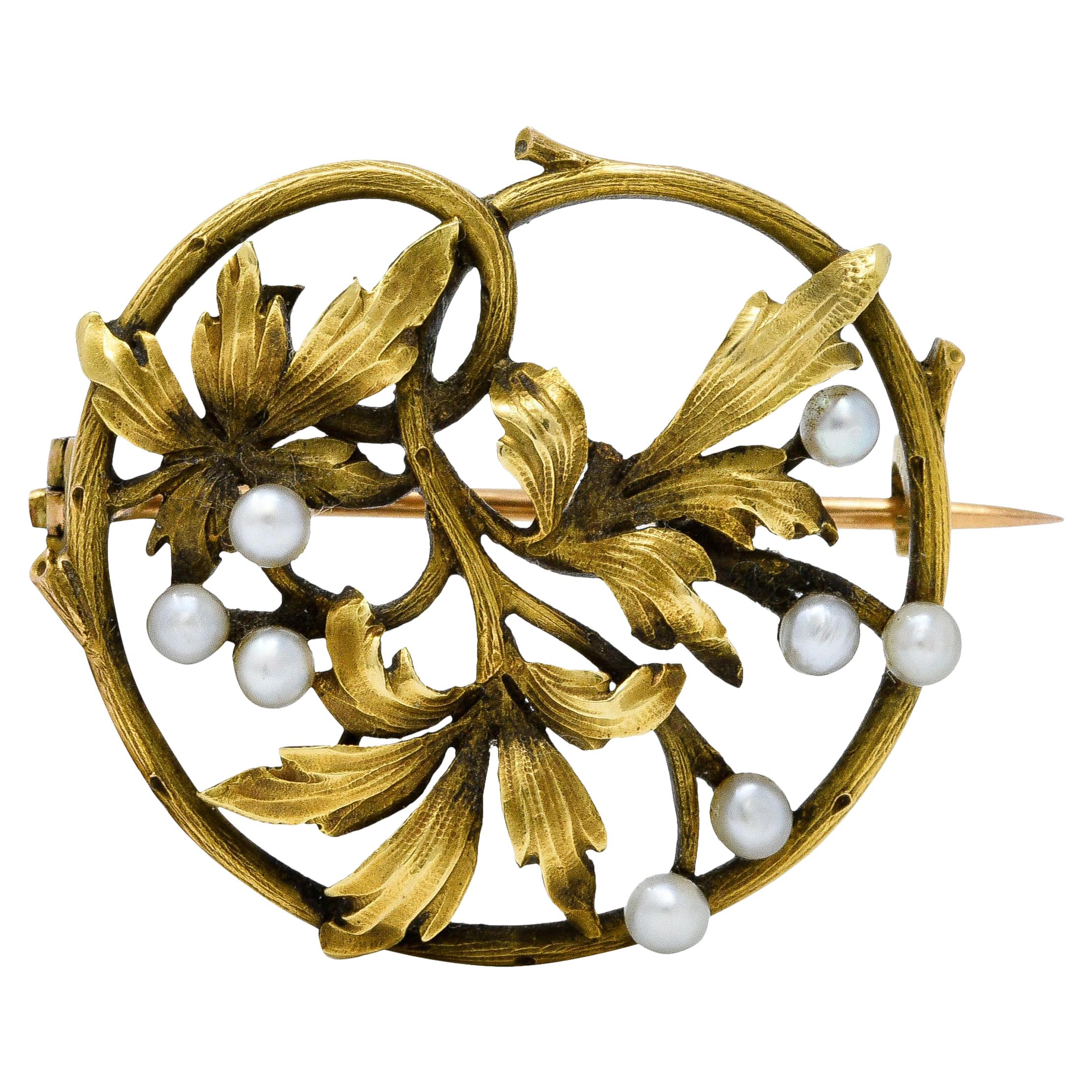 French Art Nouveau Pearl 18 Karat Gold Foliate Ivy Brooch Circa 1905