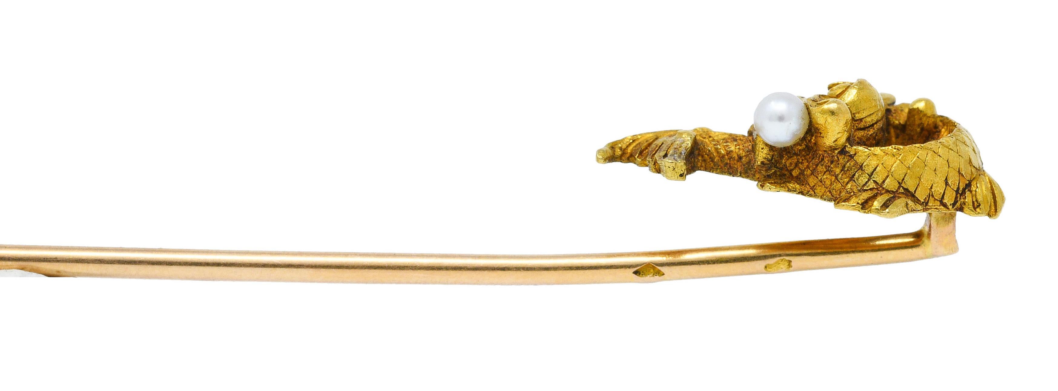 French Art Nouveau Pearl 18 Karat Gold Sea Serpent Stickpin 2