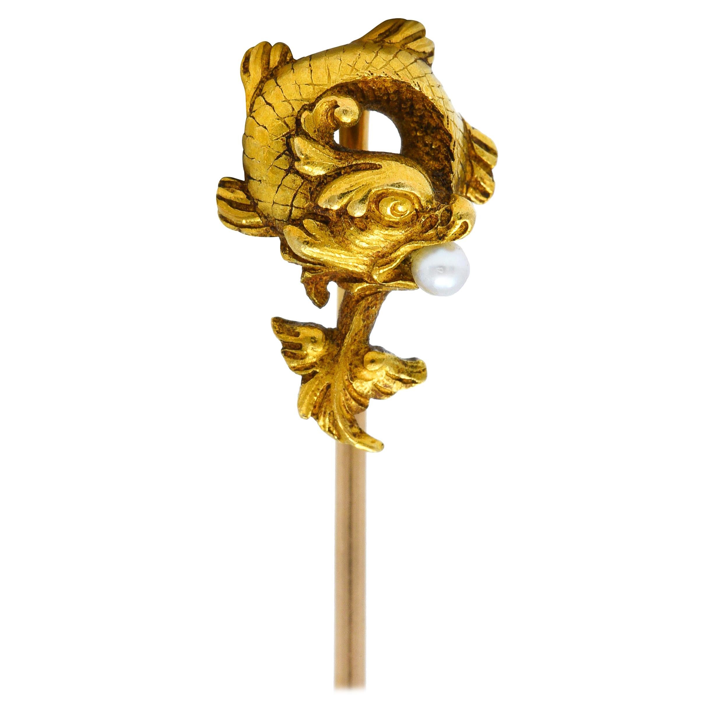 French Art Nouveau Pearl 18 Karat Gold Sea Serpent Stickpin