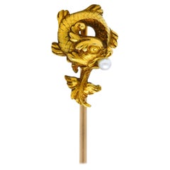 French Art Nouveau Pearl 18 Karat Gold Sea Serpent Stickpin