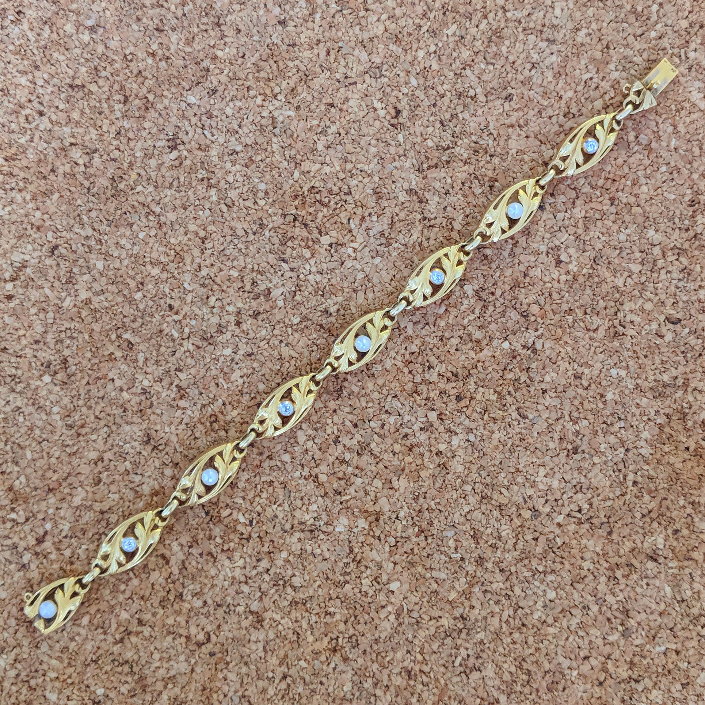 Round Cut Antique Art Nouveau French Diamond Pearl Gold Bracelet