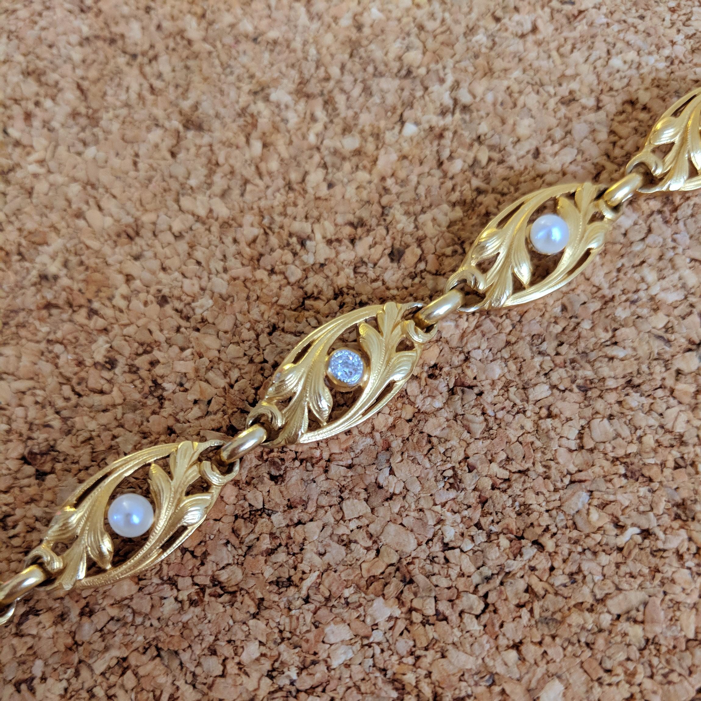 Antique Art Nouveau French Diamond Pearl Gold Bracelet In Good Condition In New York, NY