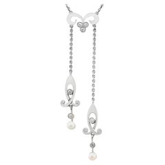 French Art Nouveau Pearl and Diamond Yellow Gold and Platinum Necklace