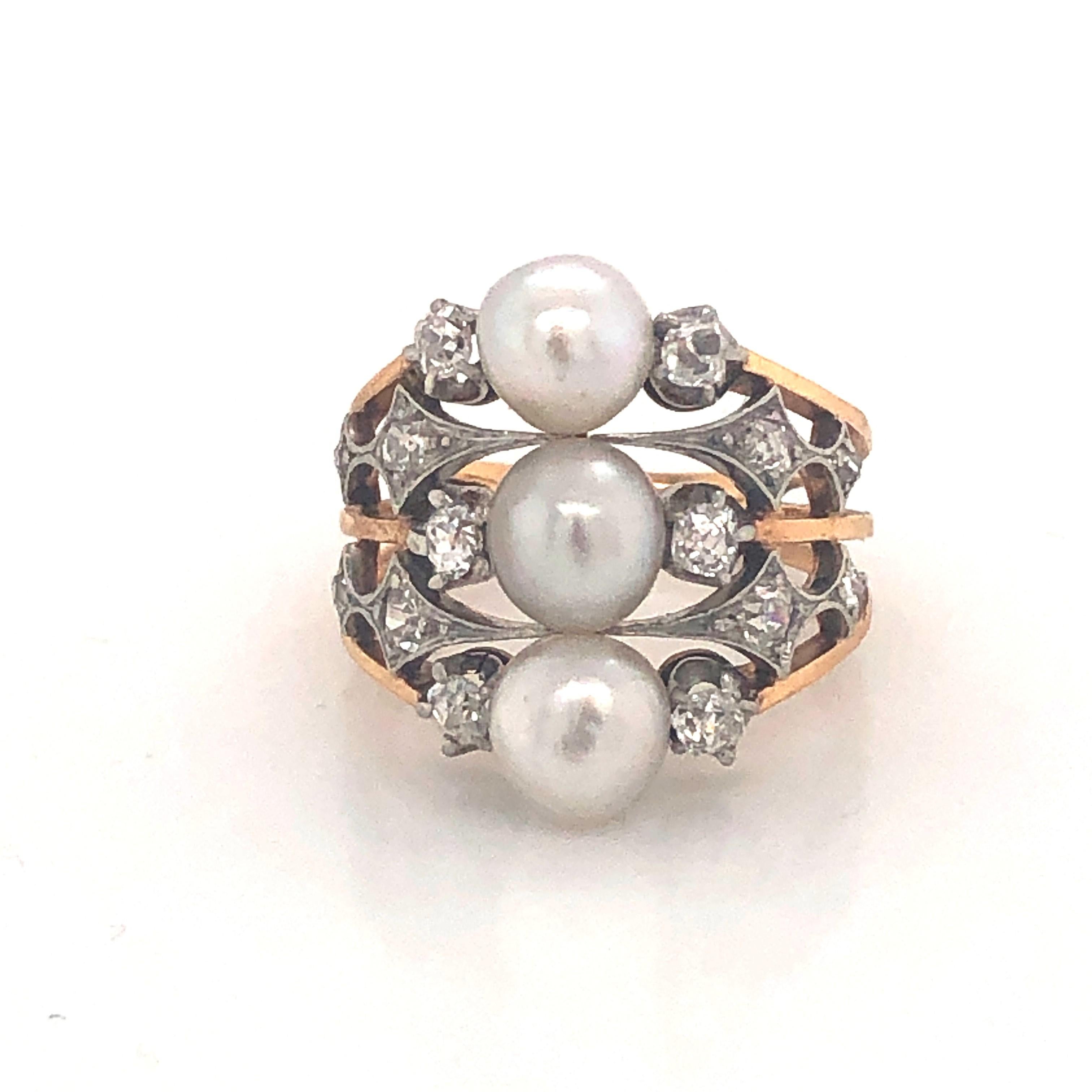 Round Cut French Art Nouveau Pearl Diamond Platinum and Gold Three Row Ring, Circa 1900 For Sale