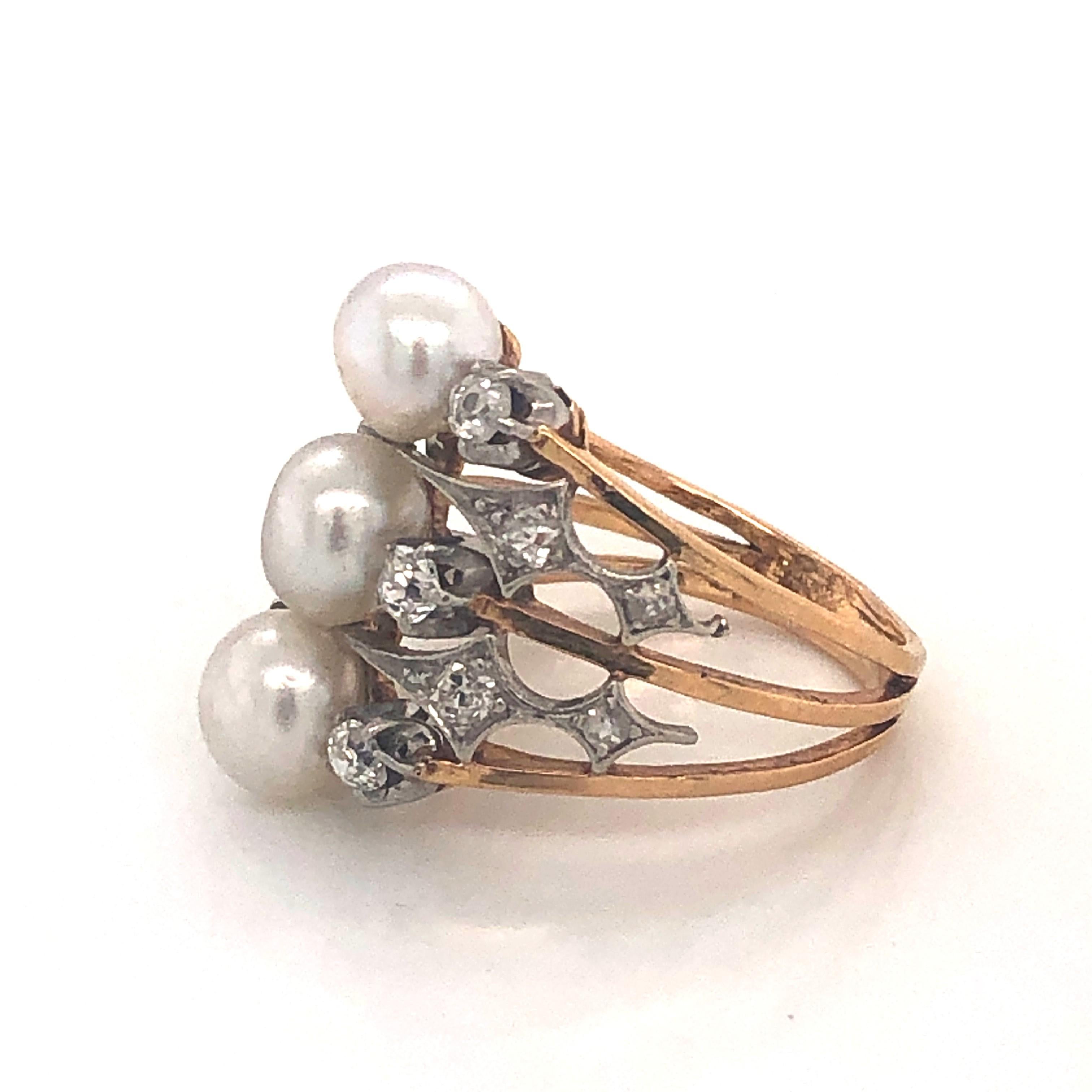 Women's French Art Nouveau Pearl Diamond Platinum and Gold Three Row Ring, Circa 1900 For Sale