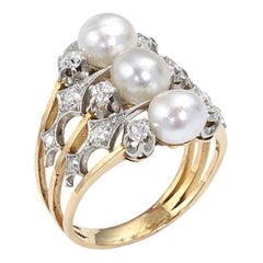 French Art Nouveau Pearl, Diamond, Platinum and Gold Three Row Ring, Circa 1900