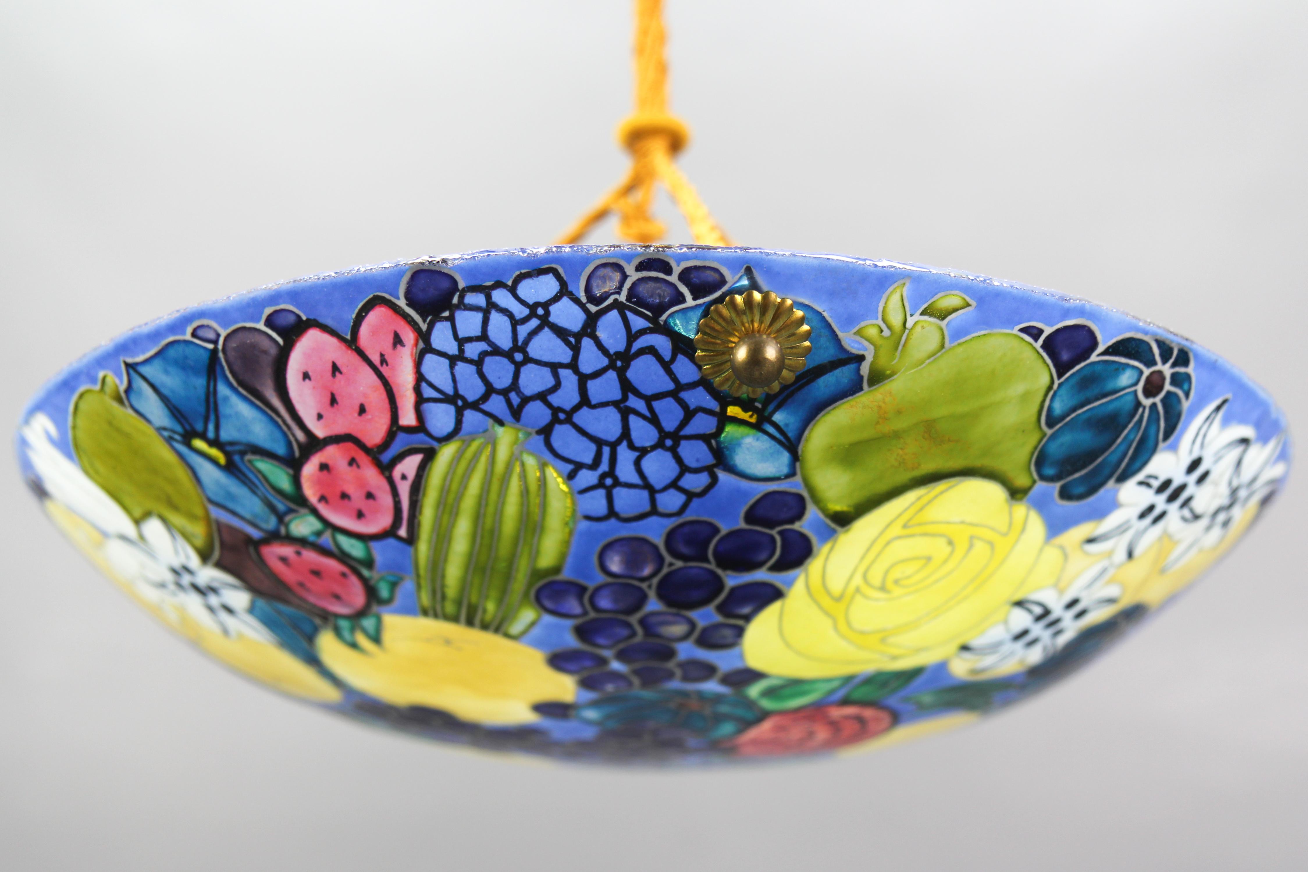 French Art Nouveau Pendant Light with Enameled Flowers and Fruits, Signed Fargue For Sale 5