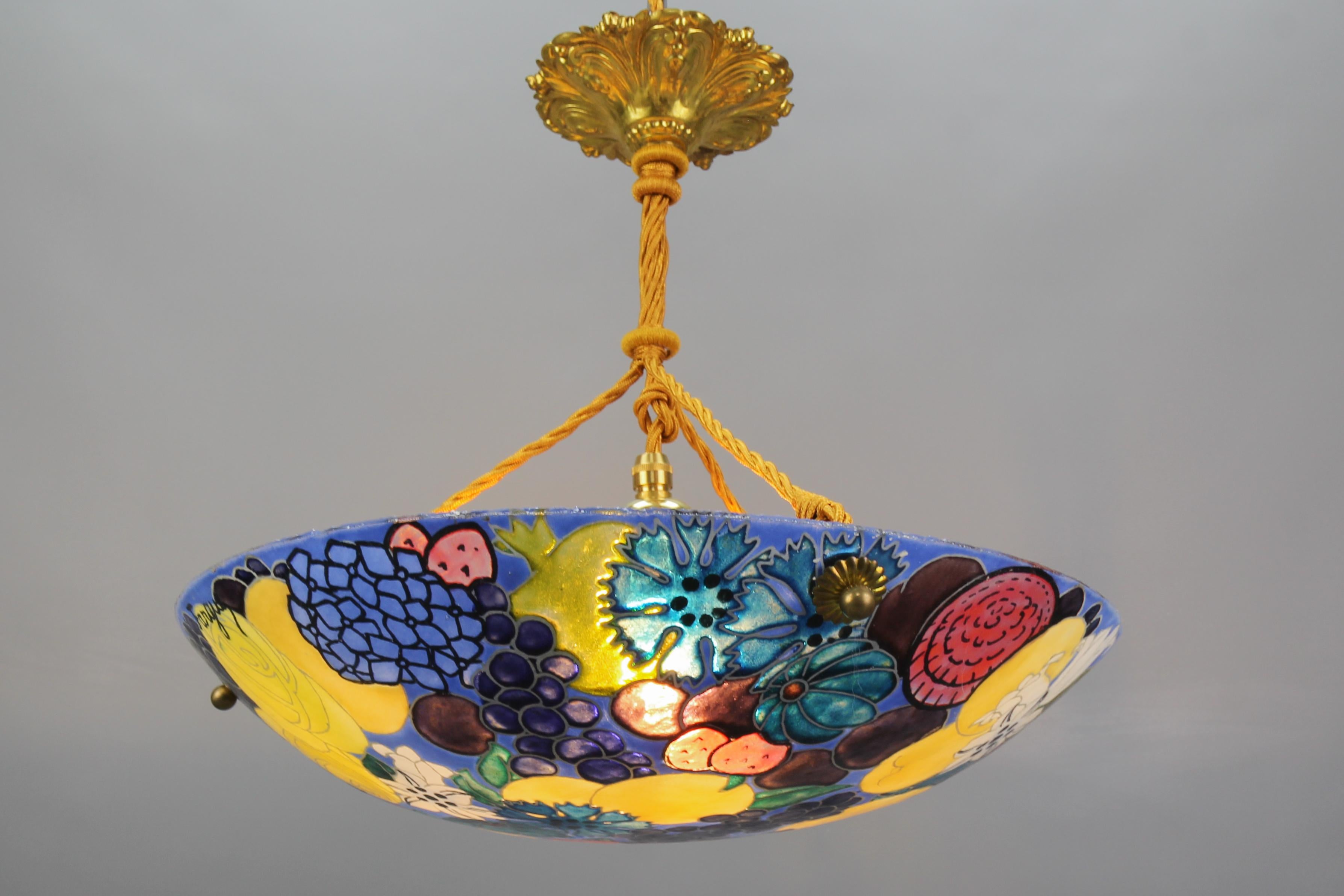 French Art Nouveau Pendant Light with Enameled Flowers and Fruits, Signed Fargue For Sale 6